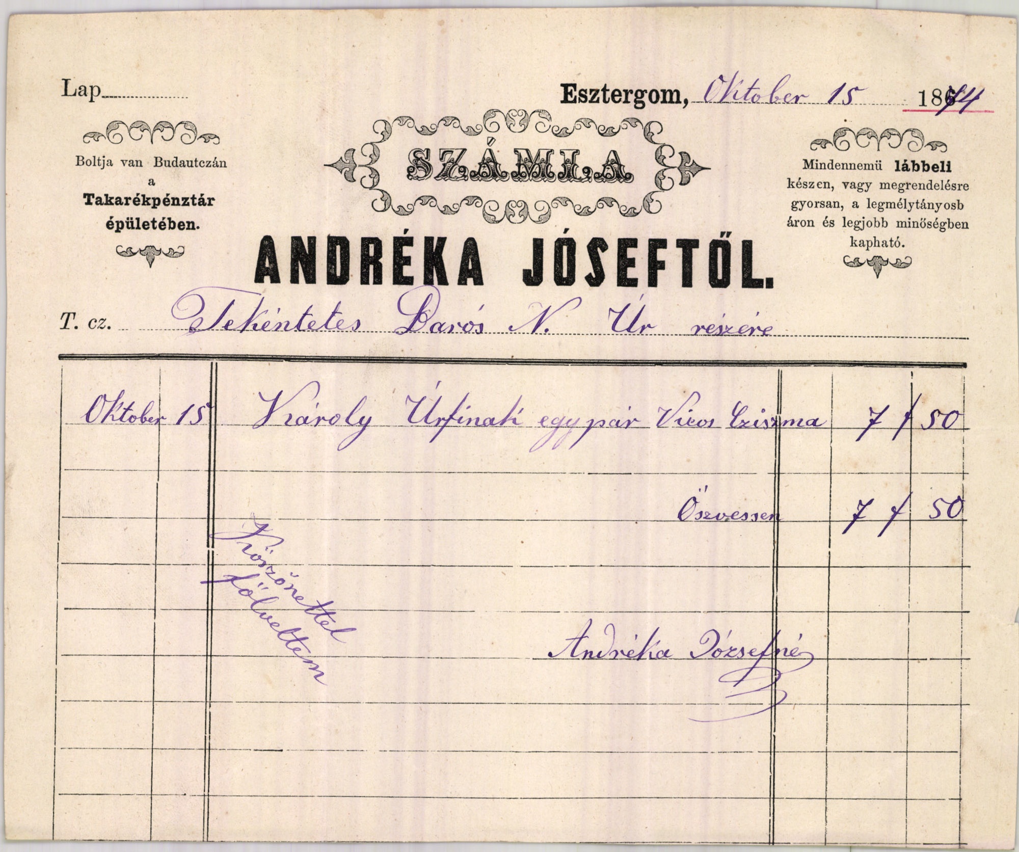 Andréka József számla (Magyar Kereskedelmi és Vendéglátóipari Múzeum CC BY-NC-SA)