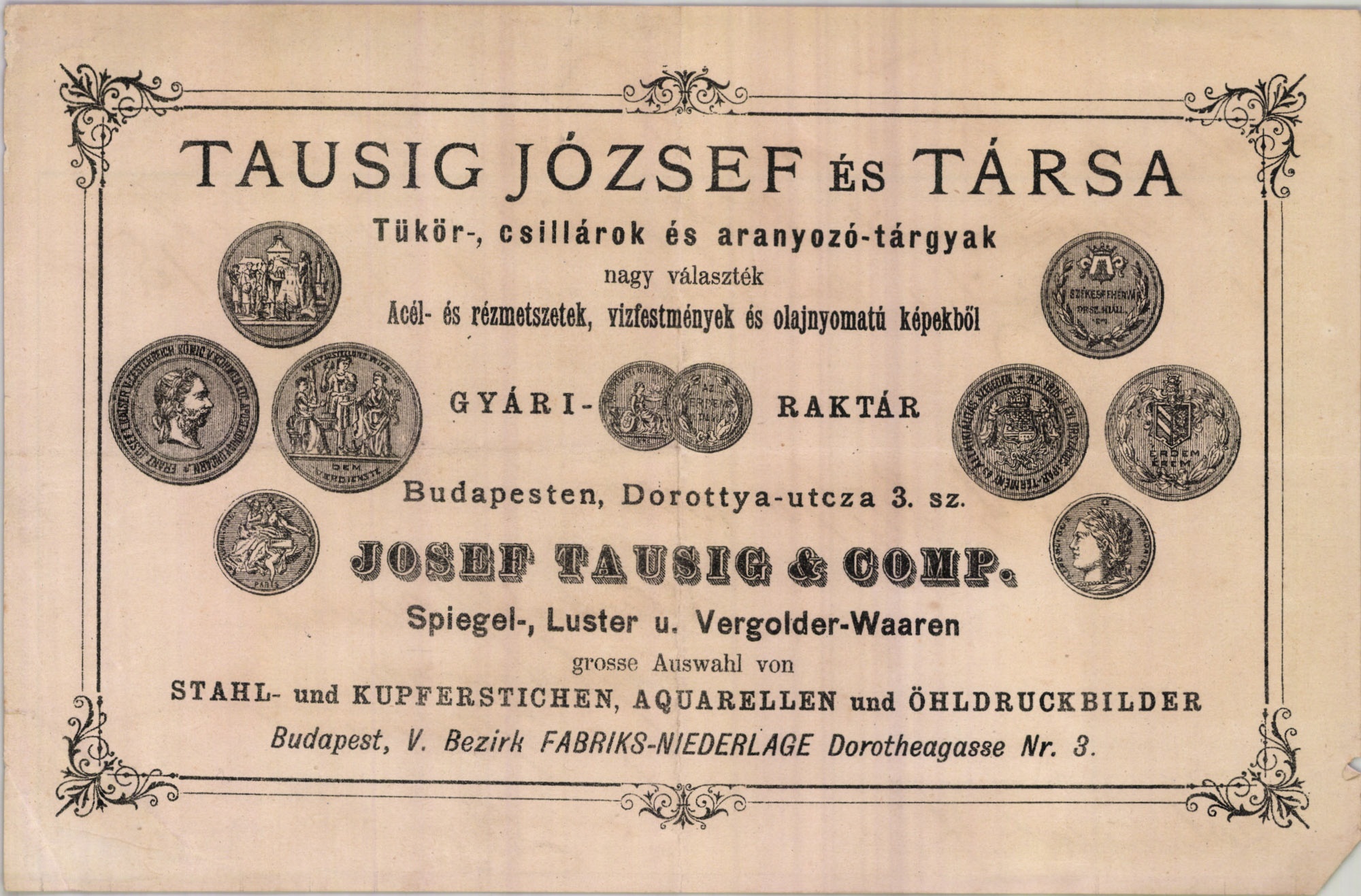 Tausig József és Társa, tükör, csillárok és aranyozó-tárgyak (Magyar Kereskedelmi és Vendéglátóipari Múzeum CC BY-NC-SA)