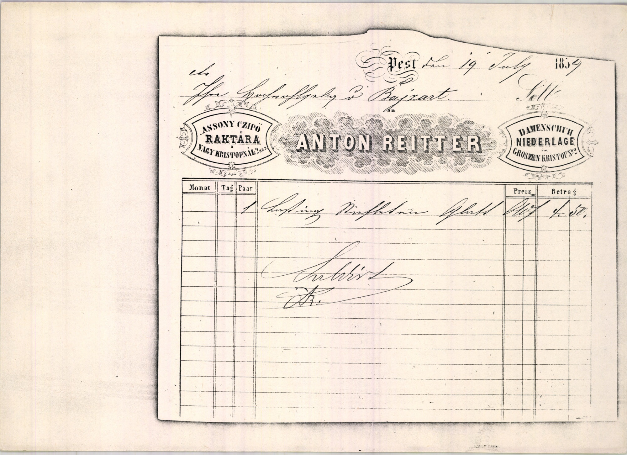 Reitter Antal számla (Magyar Kereskedelmi és Vendéglátóipari Múzeum CC BY-NC-SA)