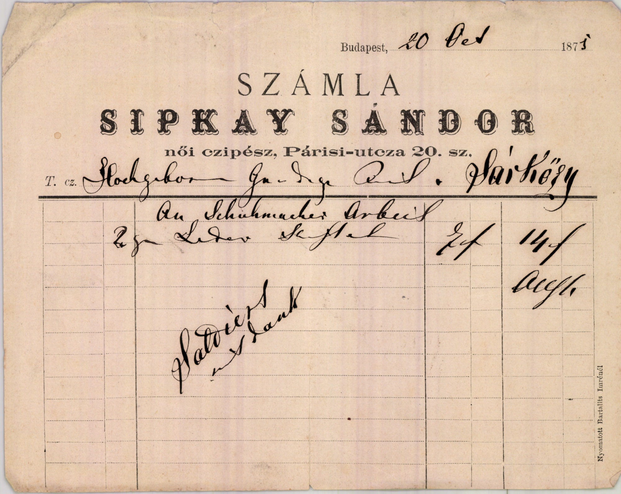 Sipkay Sándor számla (Magyar Kereskedelmi és Vendéglátóipari Múzeum CC BY-NC-SA)