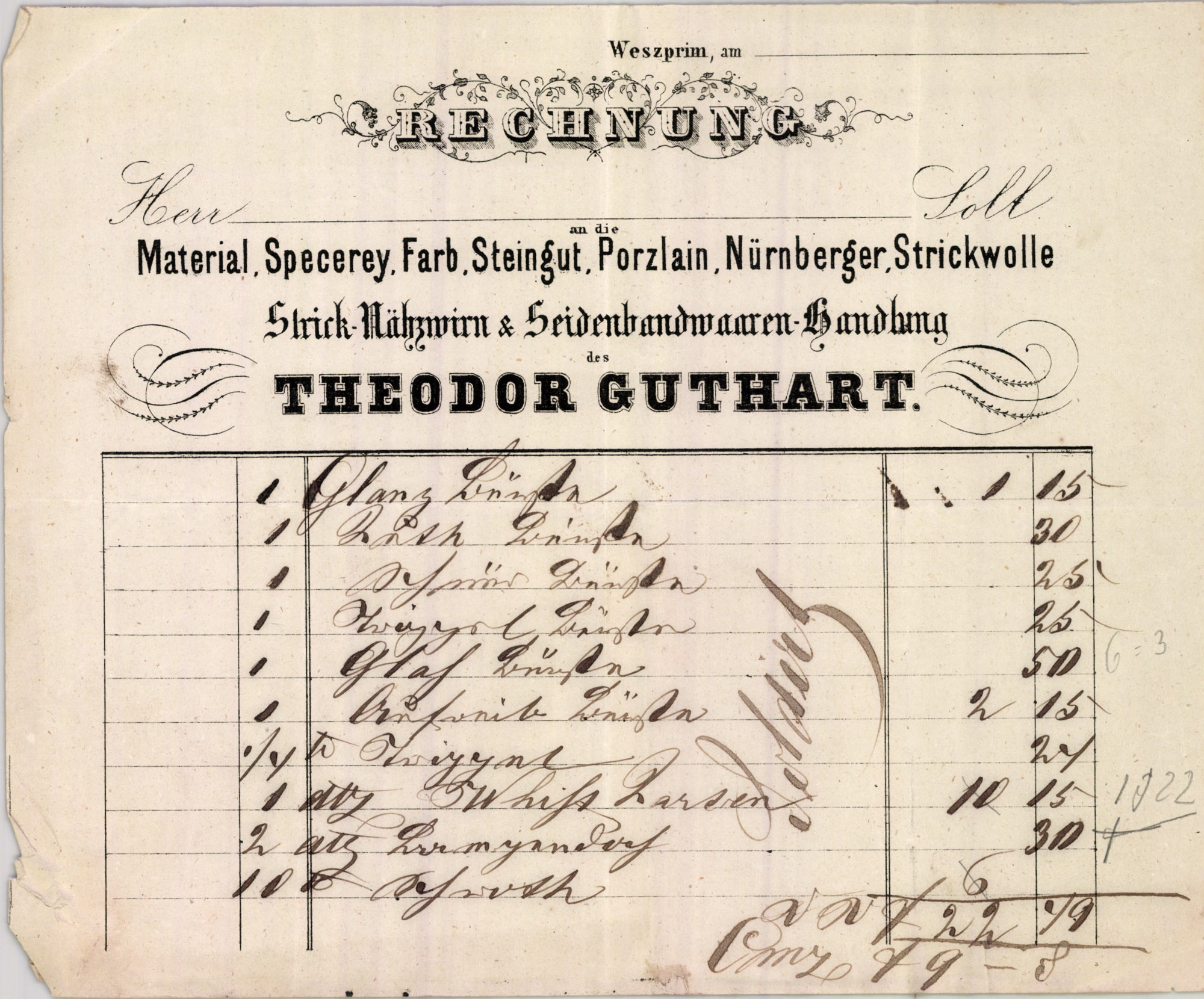 Guthart Teodor számla (Magyar Kereskedelmi és Vendéglátóipari Múzeum CC BY-NC-SA)