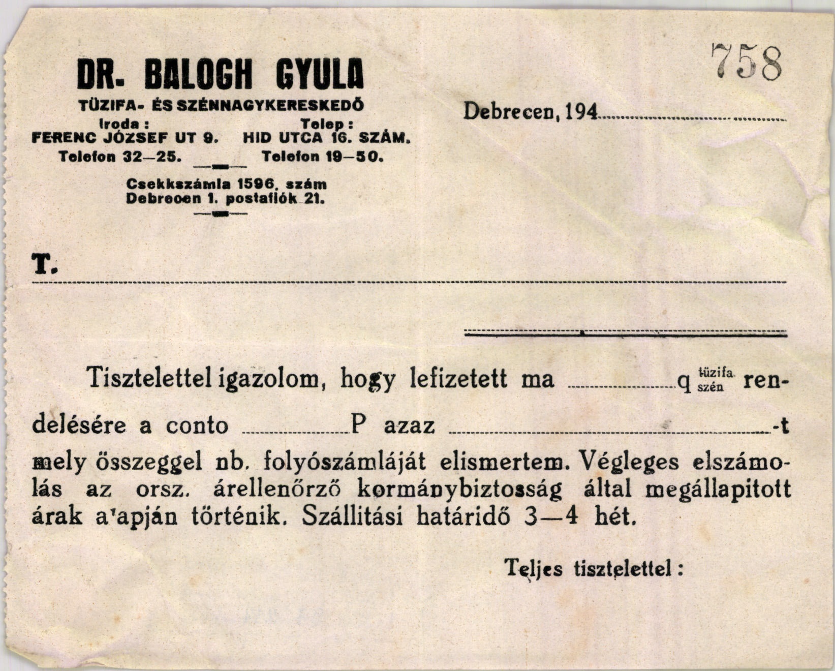 Dr. Balogh Gyula tüzifa- és szénnagykereskedő (Magyar Kereskedelmi és Vendéglátóipari Múzeum CC BY-NC-SA)