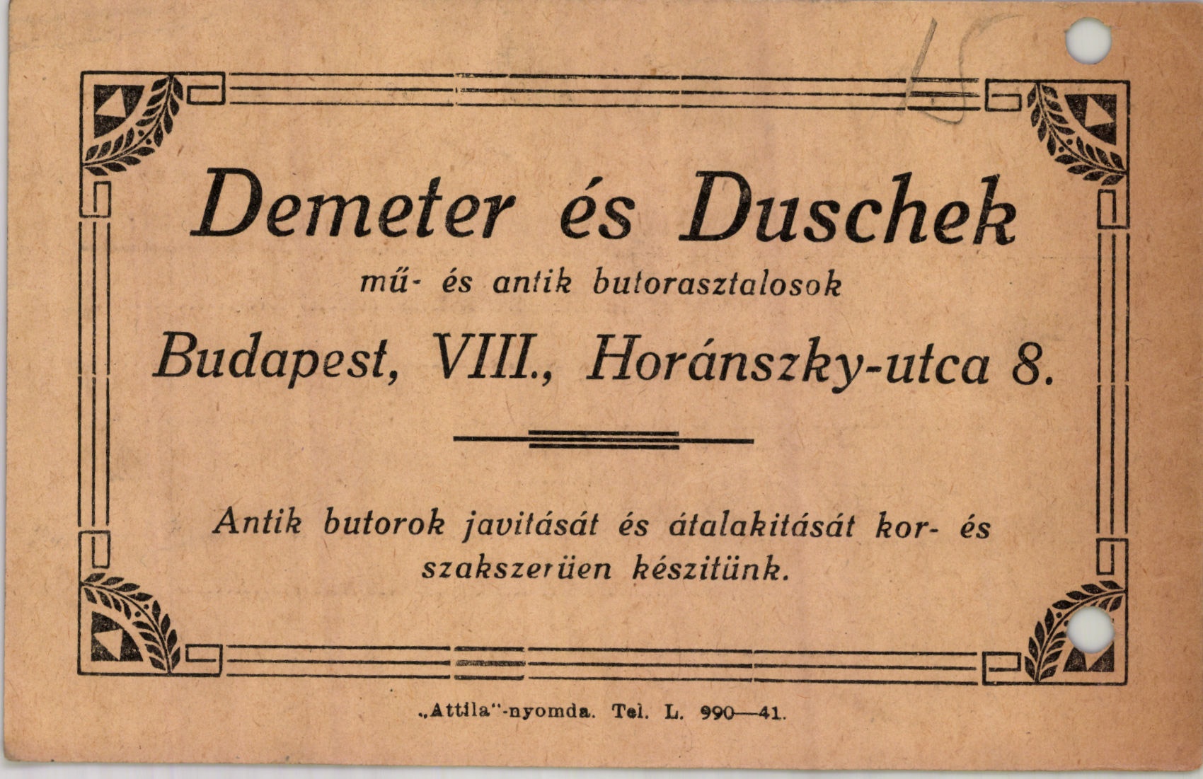 Demeter és Duschek mű- és antik butorasztalosok (Magyar Kereskedelmi és Vendéglátóipari Múzeum CC BY-NC-SA)