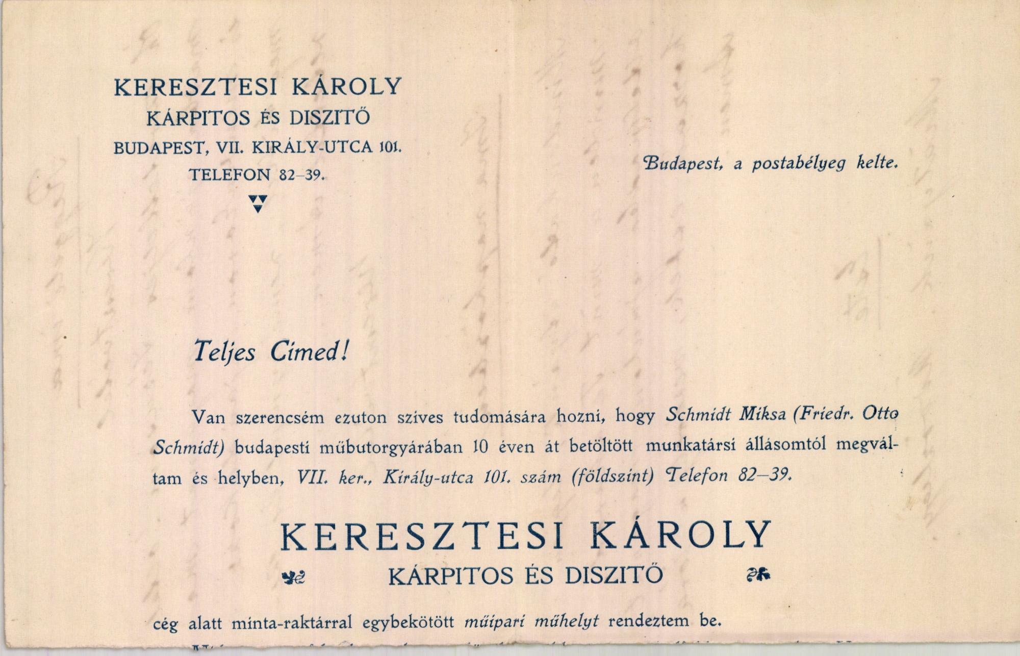 Keresztesi Károly kárpitos és díszítő (Magyar Kereskedelmi és Vendéglátóipari Múzeum CC BY-NC-SA)