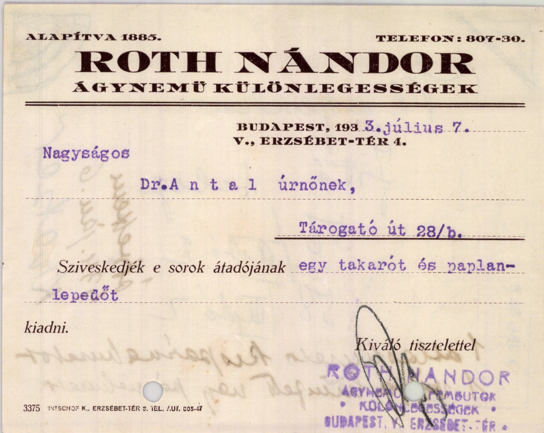 Roth Nándor ágynemű különlegességek (Magyar Kereskedelmi és Vendéglátóipari Múzeum CC BY-NC-SA)