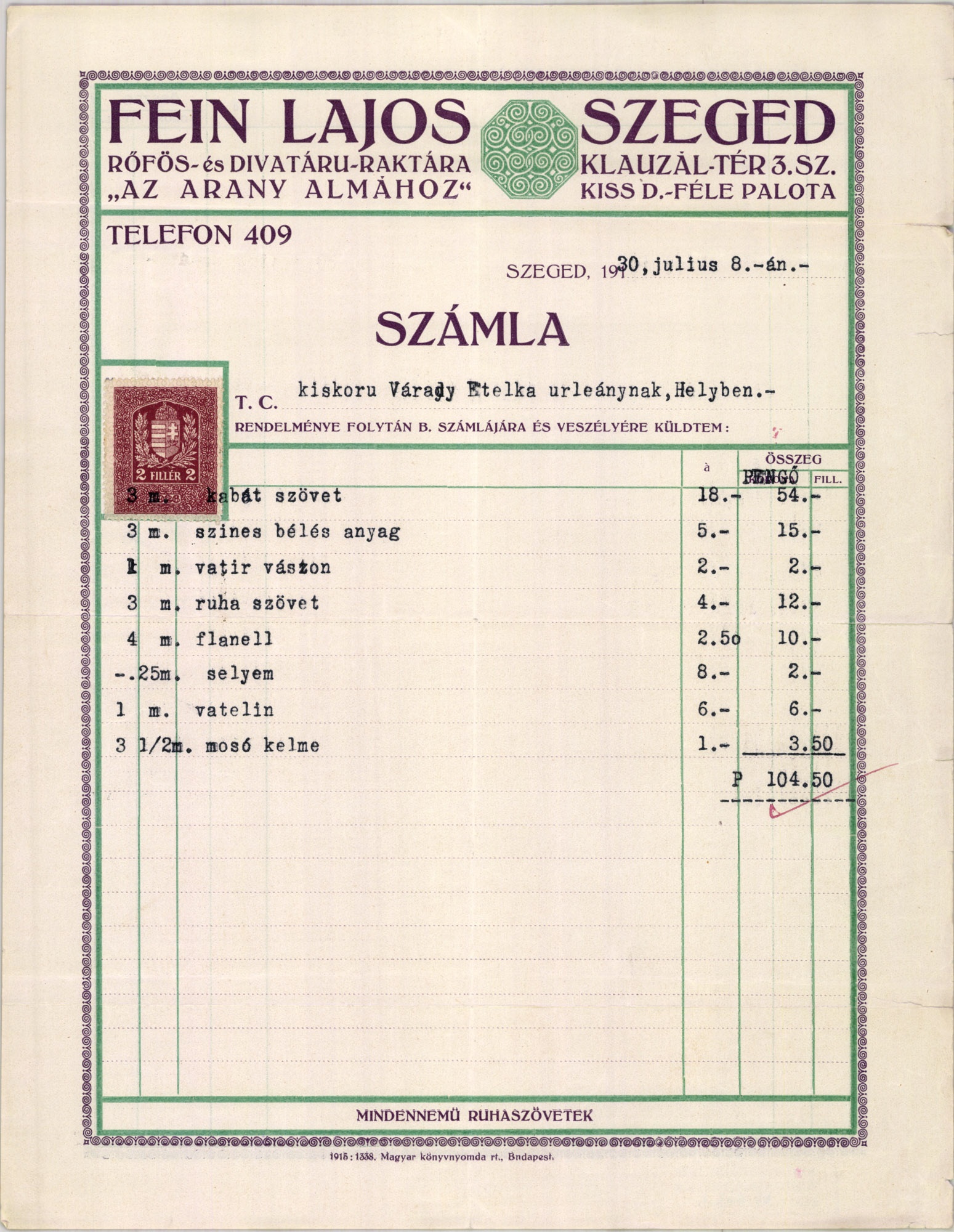 Fein Lajos rőfös- és divatáru-raktára "Az Arany Almához" (Magyar Kereskedelmi és Vendéglátóipari Múzeum CC BY-NC-SA)
