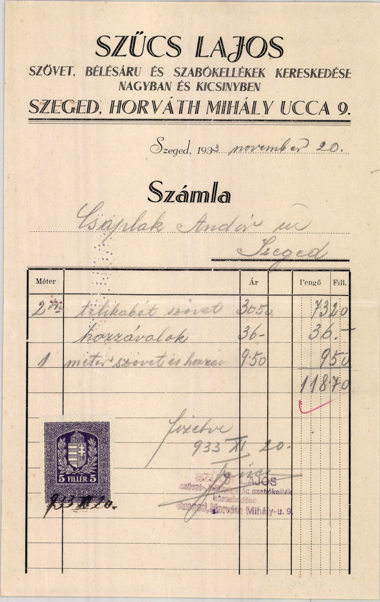 Szűcs Lajos szövet, bélésáru és szabókellékek kereskedése nagyban és kicsinyben (Magyar Kereskedelmi és Vendéglátóipari Múzeum CC BY-NC-SA)