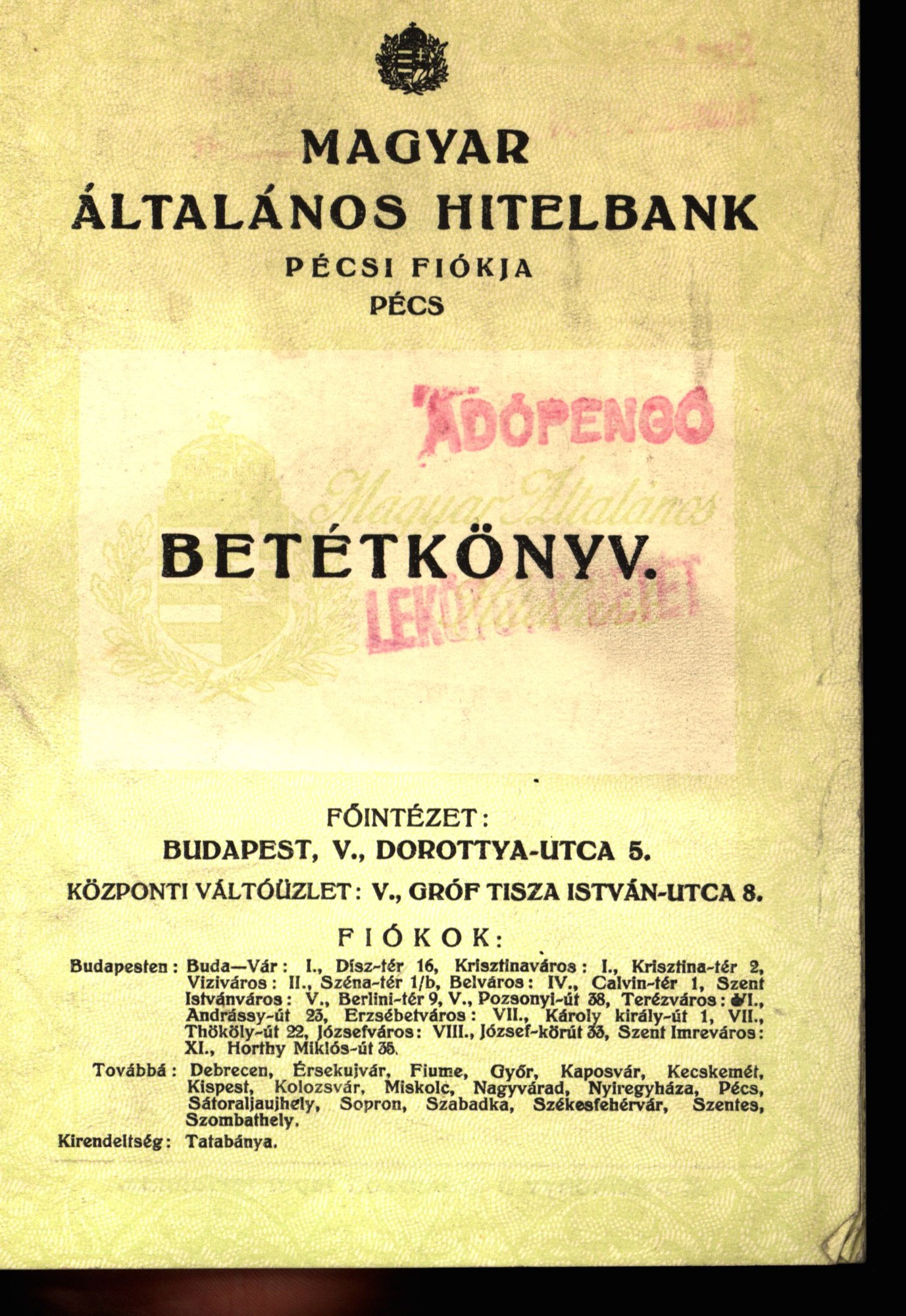 Magyar Általános Hitelbank Pécsi Fiókja Betétkönyv (Magyar Kereskedelmi és Vendéglátóipari Múzeum CC BY-NC-SA)