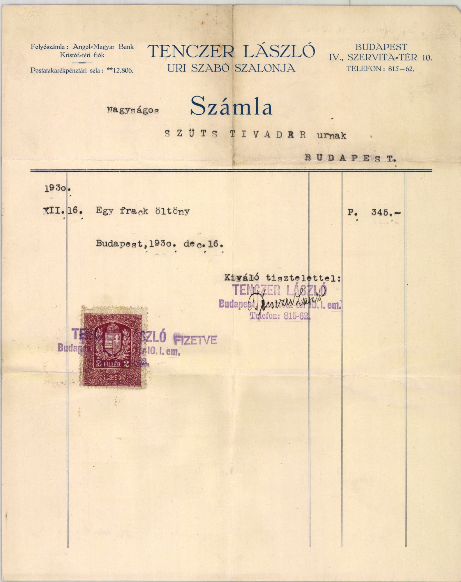 Tenczer László uri szabó szalonja (Magyar Kereskedelmi és Vendéglátóipari Múzeum CC BY-NC-SA)