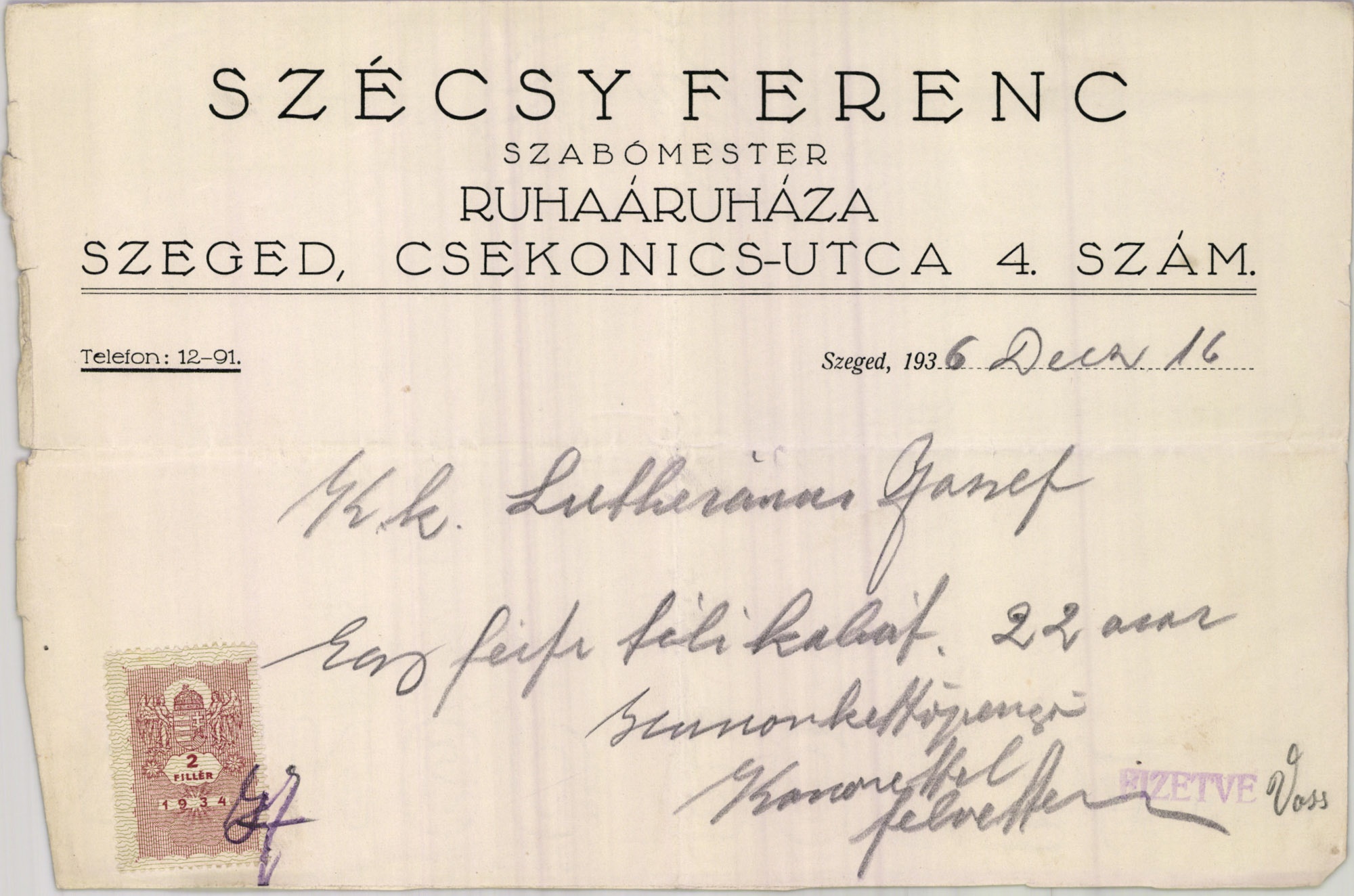 Szécsy Ferenc szabómester ruhaáruháza (Magyar Kereskedelmi és Vendéglátóipari Múzeum CC BY-NC-SA)