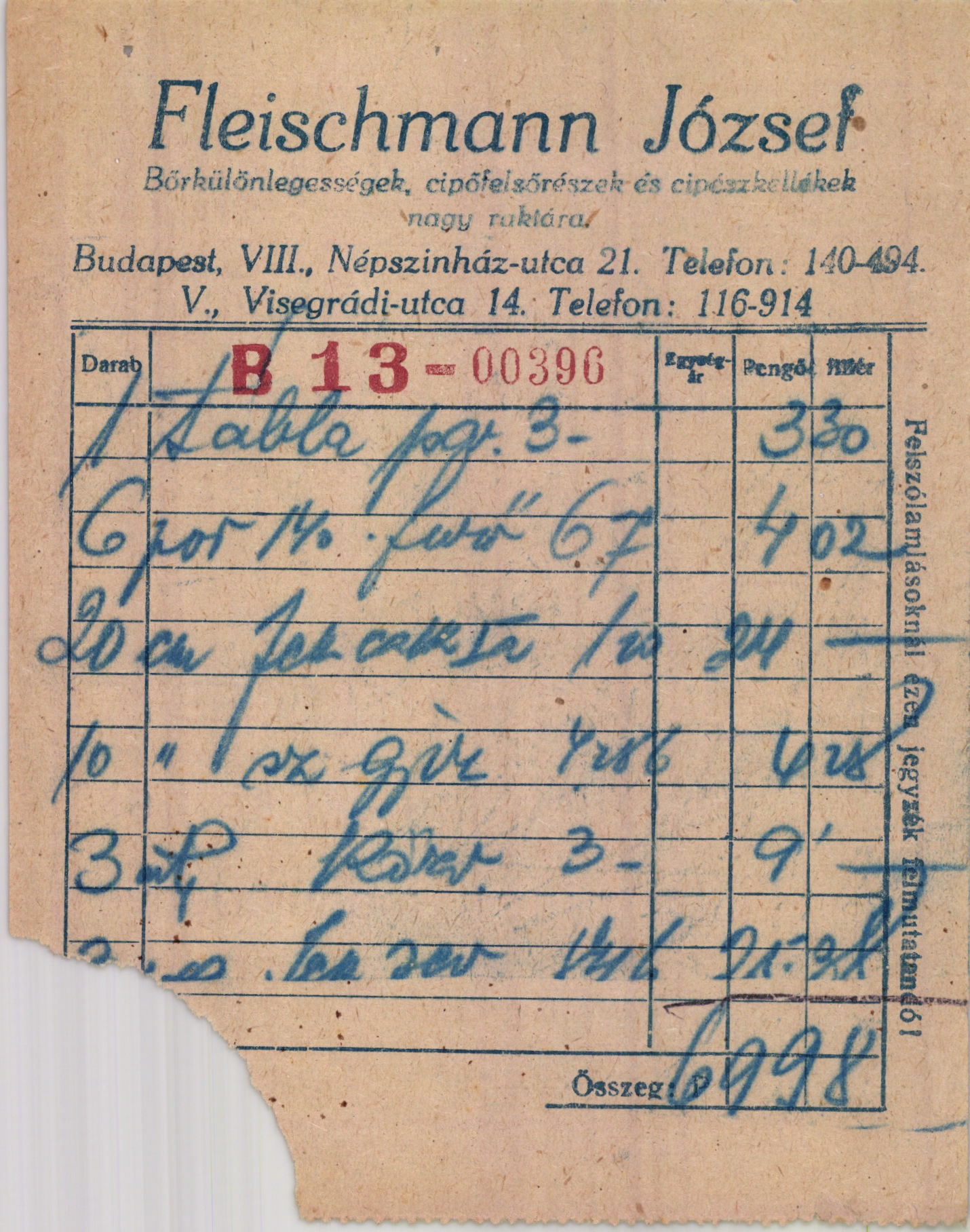 Fleischmann József Bőrkülönlegességek, cipőfelsőrészek és cipészkellékek nagy raktára (Magyar Kereskedelmi és Vendéglátóipari Múzeum CC BY-NC-SA)