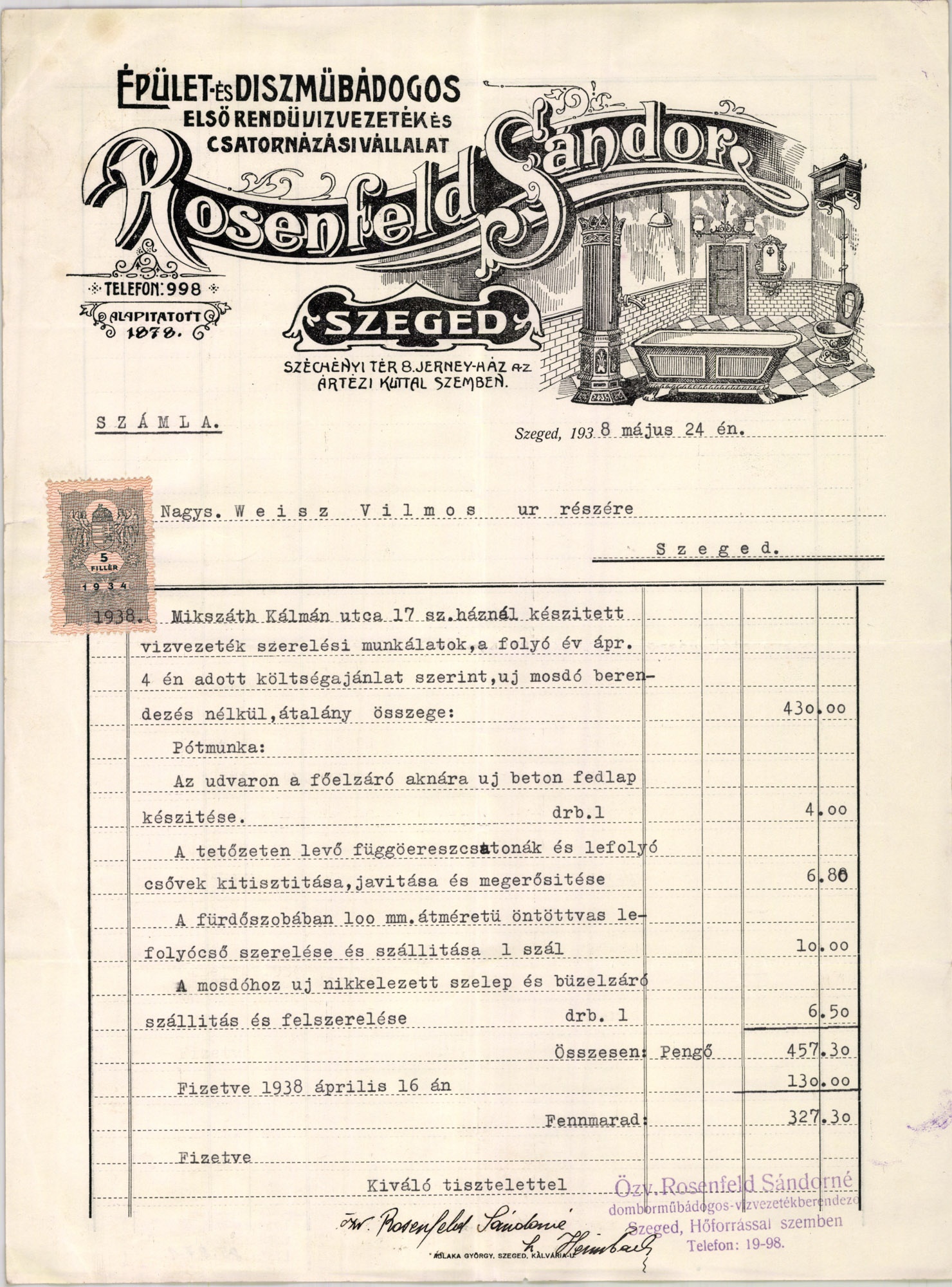 Rosenfeld Sándor épület- és diszműbádogos, elsőrendű vizvezeték és csatornázási vállalat (Magyar Kereskedelmi és Vendéglátóipari Múzeum CC BY-NC-SA)