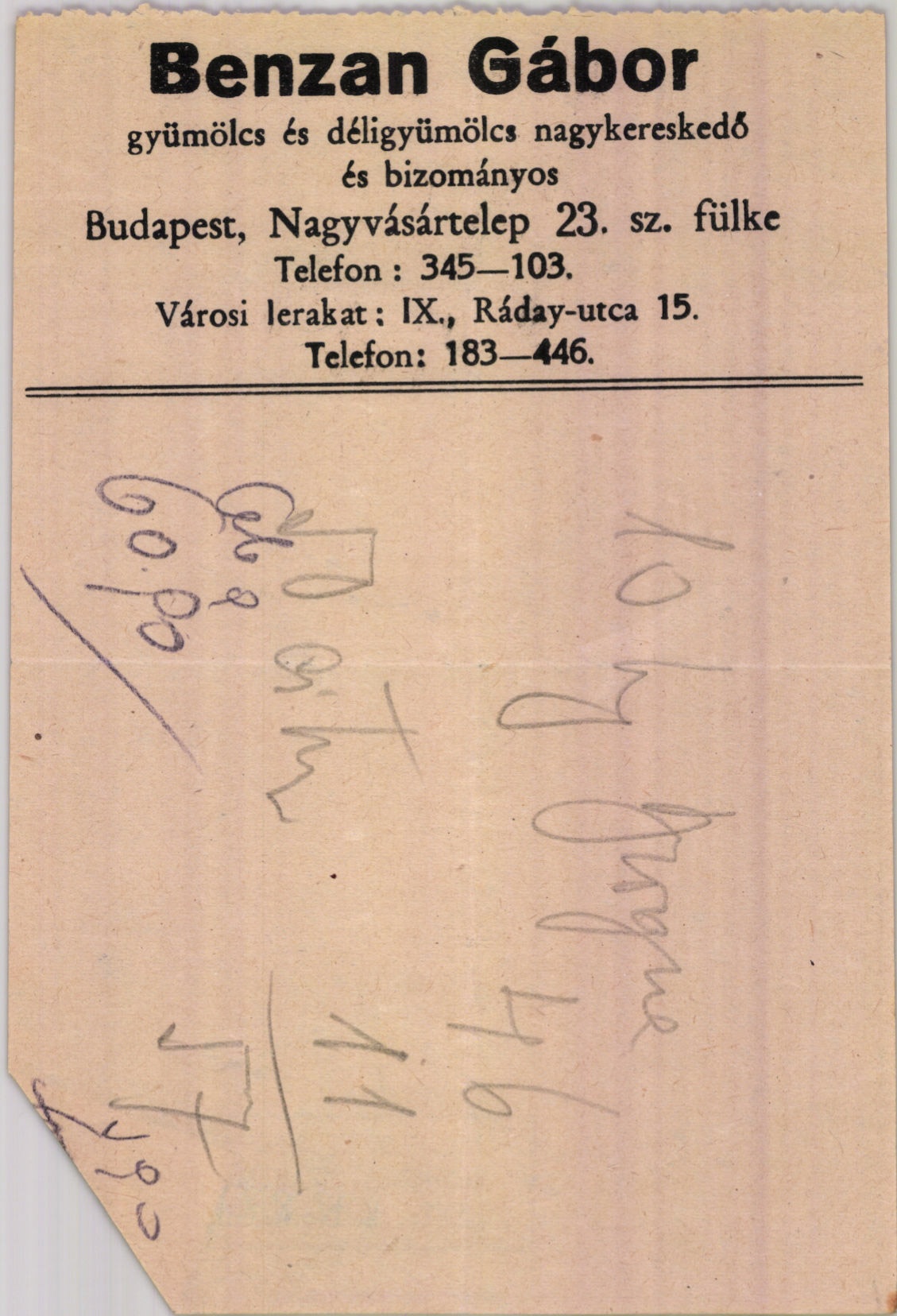 Benzan Gábor gyümölcs, déligyümölcs, nagykereskedő és bizományos (Magyar Kereskedelmi és Vendéglátóipari Múzeum CC BY-NC-SA)