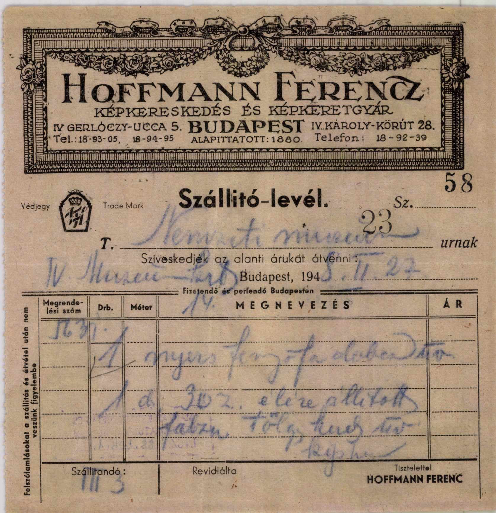 Hoffmann Ferencz képkereskedés és képkeretgyár (Magyar Kereskedelmi és Vendéglátóipari Múzeum CC BY-NC-SA)