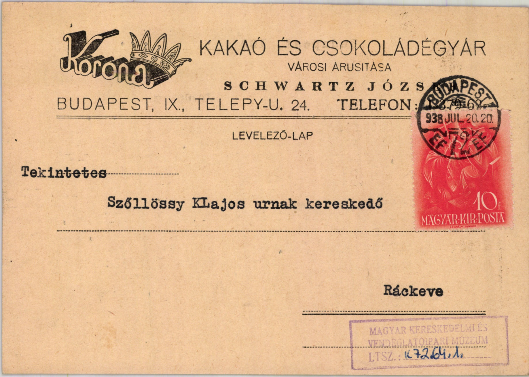 Korona Kakaó és Csokoládégyár Schwartz József (Magyar Kereskedelmi és Vendéglátóipari Múzeum CC BY-NC-SA)