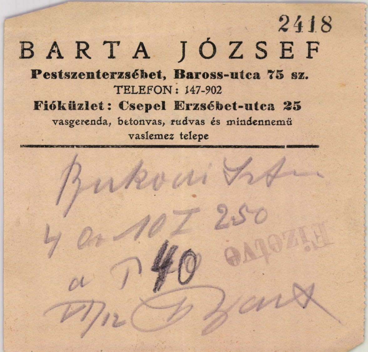 Barta József vasgerenda, betonvas, rudvas és mindennemű vaslemez telepe (Magyar Kereskedelmi és Vendéglátóipari Múzeum CC BY-NC-SA)