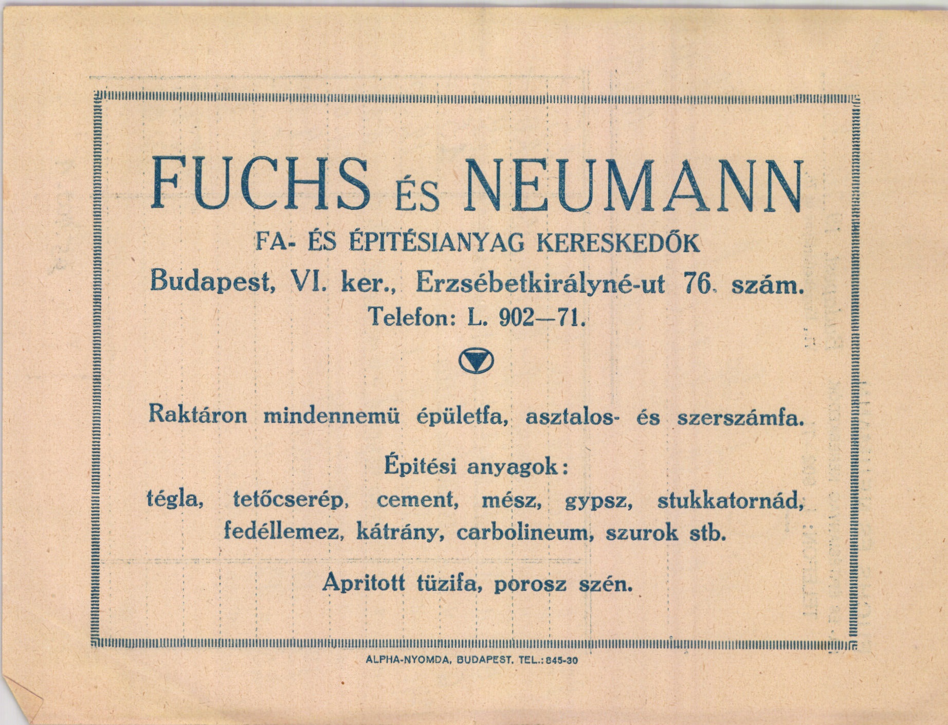 Fuchs és Neumann fa- és épitésianyag kereskedők (Magyar Kereskedelmi és Vendéglátóipari Múzeum CC BY-NC-SA)