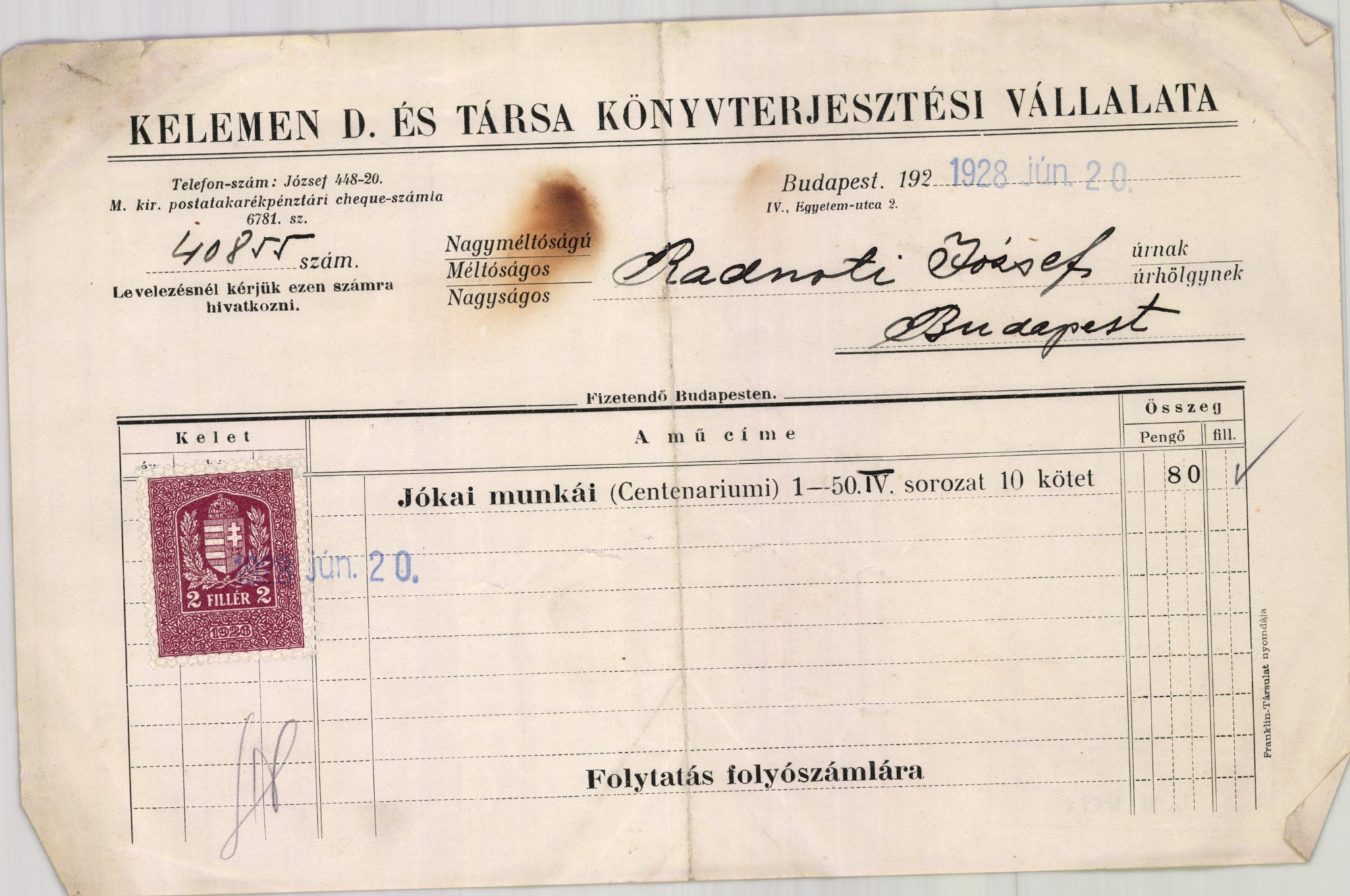 Kelemen D. és Társa könyvterjesztési vállalata (Magyar Kereskedelmi és Vendéglátóipari Múzeum CC BY-NC-SA)