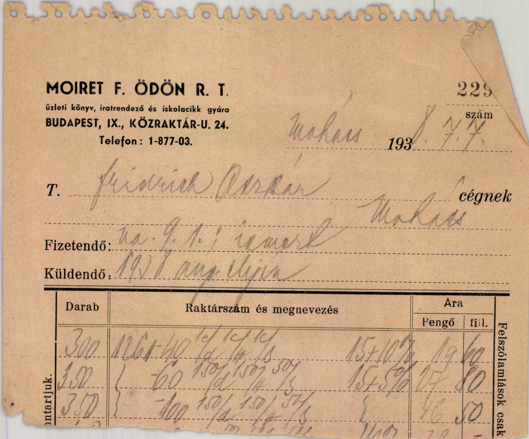 Moiret F. Ödön R. T. üzleti könyv, iratrendező és iskolacikk gyára (Magyar Kereskedelmi és Vendéglátóipari Múzeum CC BY-NC-SA)