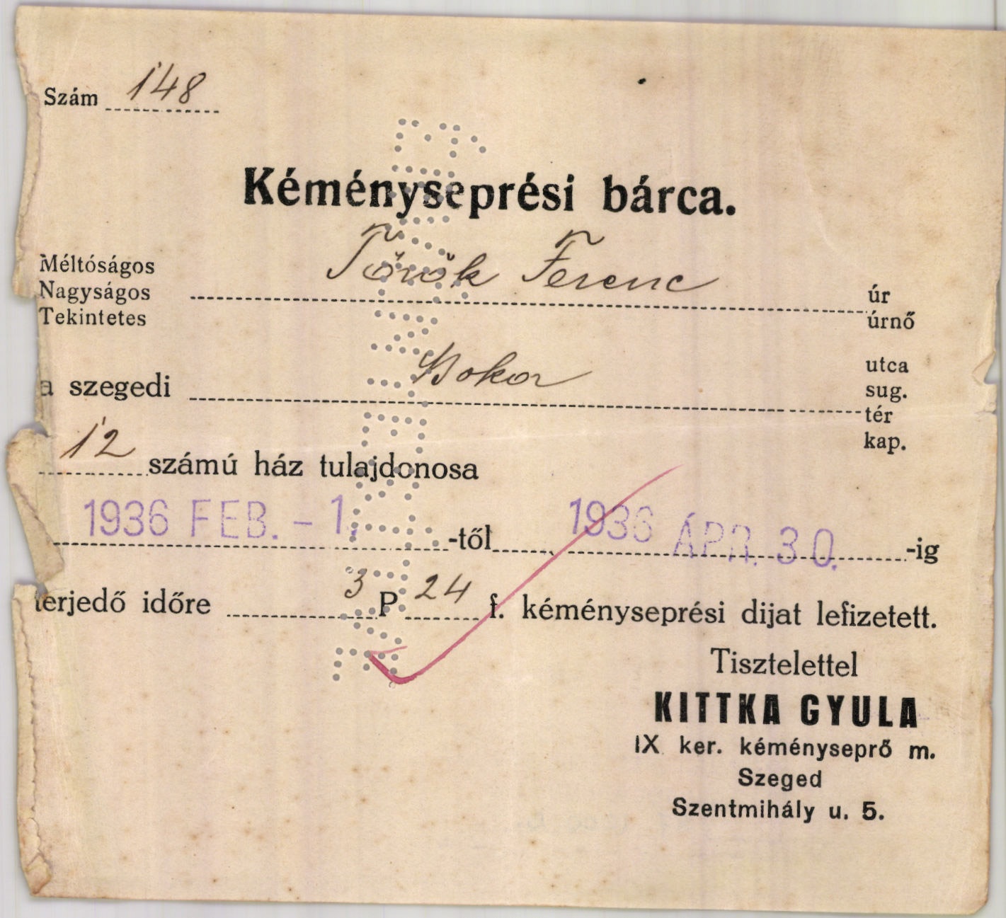 Kittka Gyula IX. ker. kéményseprő m. (Magyar Kereskedelmi és Vendéglátóipari Múzeum CC BY-NC-SA)