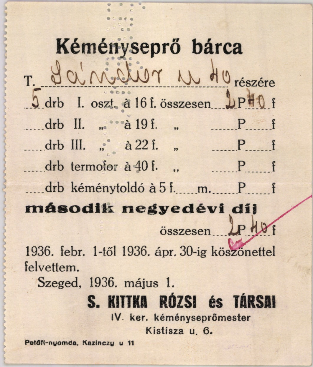 S. Kittka Rózsi és Társai IV. ker. kéményseprőmester (Magyar Kereskedelmi és Vendéglátóipari Múzeum CC BY-NC-SA)
