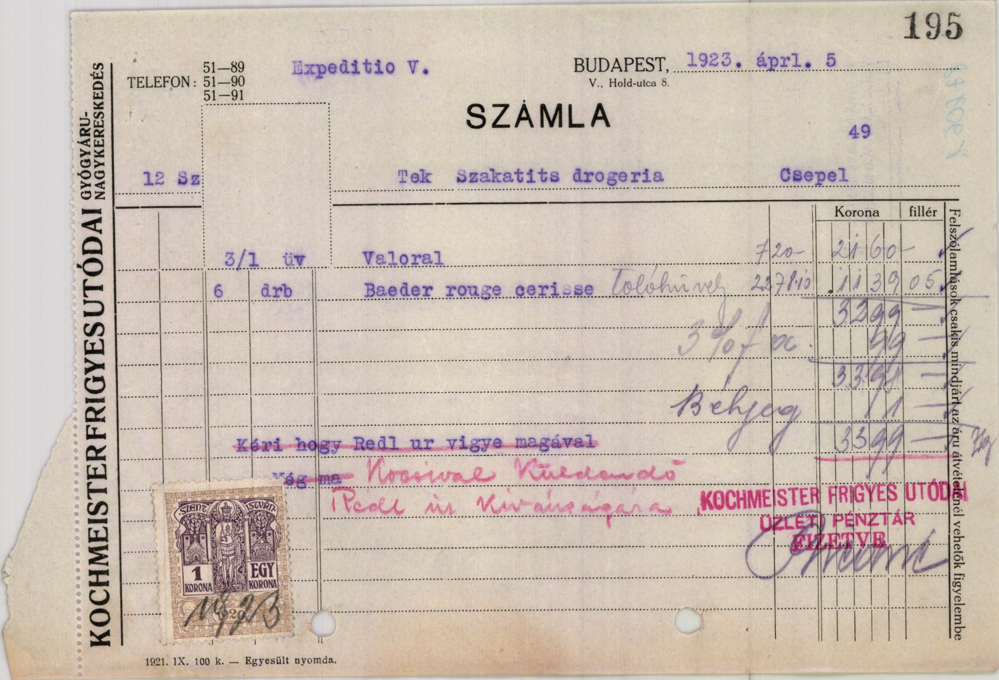 Kochmeister Frigyes utódai gyógyszerárunagykereskedés (Magyar Kereskedelmi és Vendéglátóipari Múzeum CC BY-NC-SA)