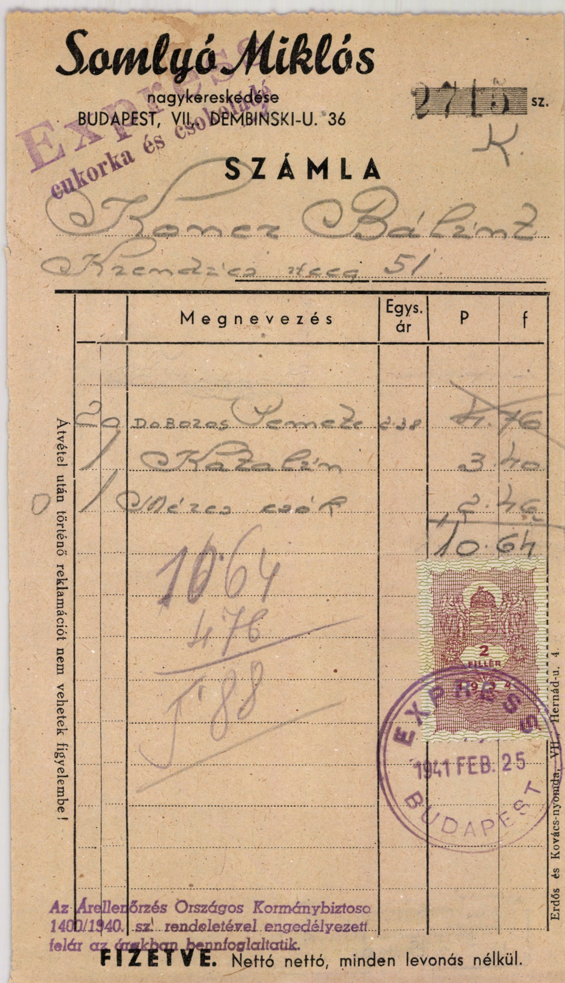 Express cukorka és csokoládé Somlyó Miklós nagykereskedése (Magyar Kereskedelmi és Vendéglátóipari Múzeum CC BY-NC-SA)