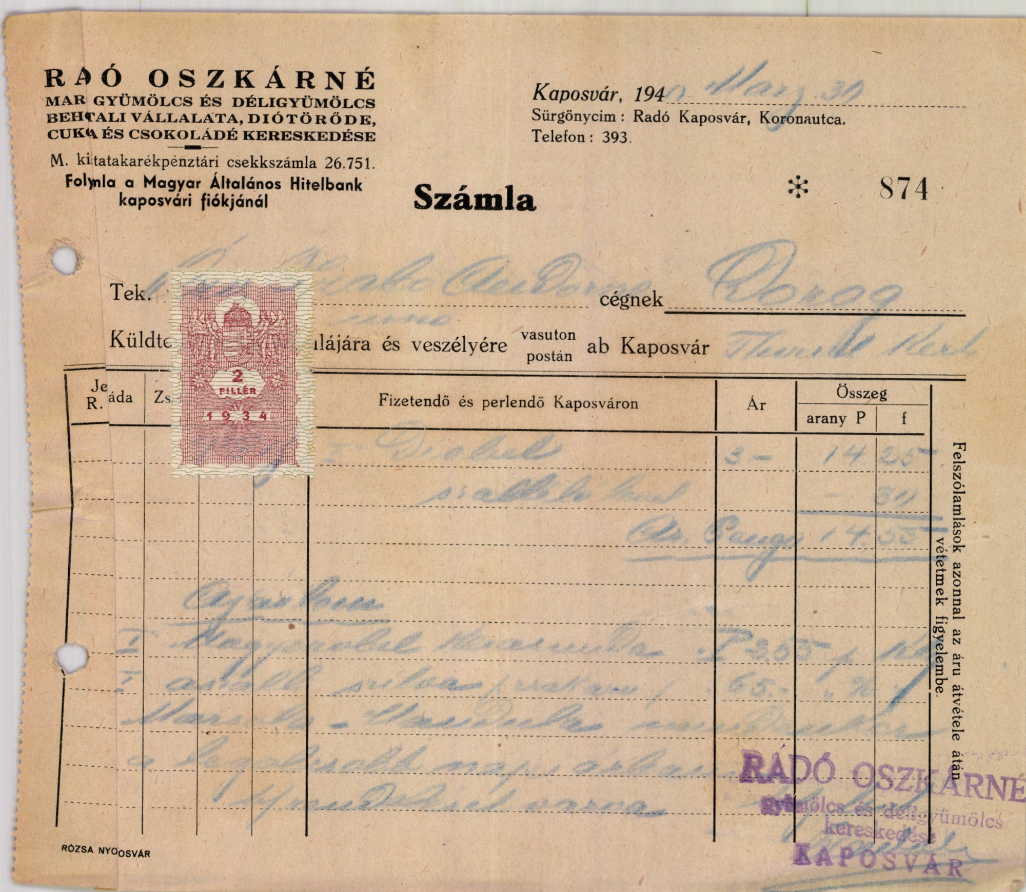 Radó Oszkárné maroni, gyümölcs és déligyümölcs behozatali vállalata, diótörőde, cukorka és csokoládé kereskedése (Magyar Kereskedelmi és Vendéglátóipari Múzeum CC BY-NC-SA)