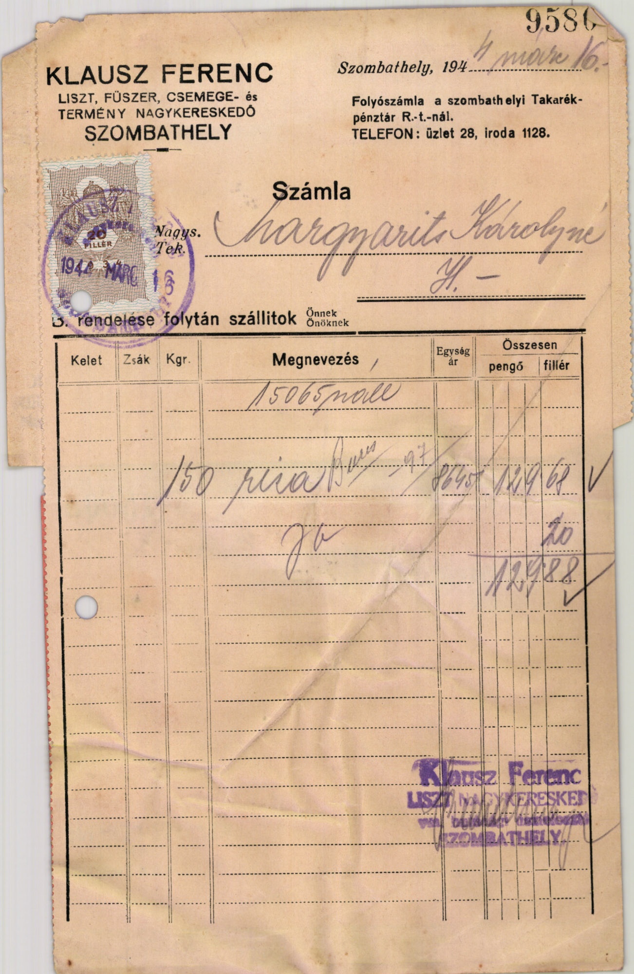 Klausz Ferenc liszt, fűszer, csemege- és termény nagykereskedő (Magyar Kereskedelmi és Vendéglátóipari Múzeum CC BY-NC-SA)