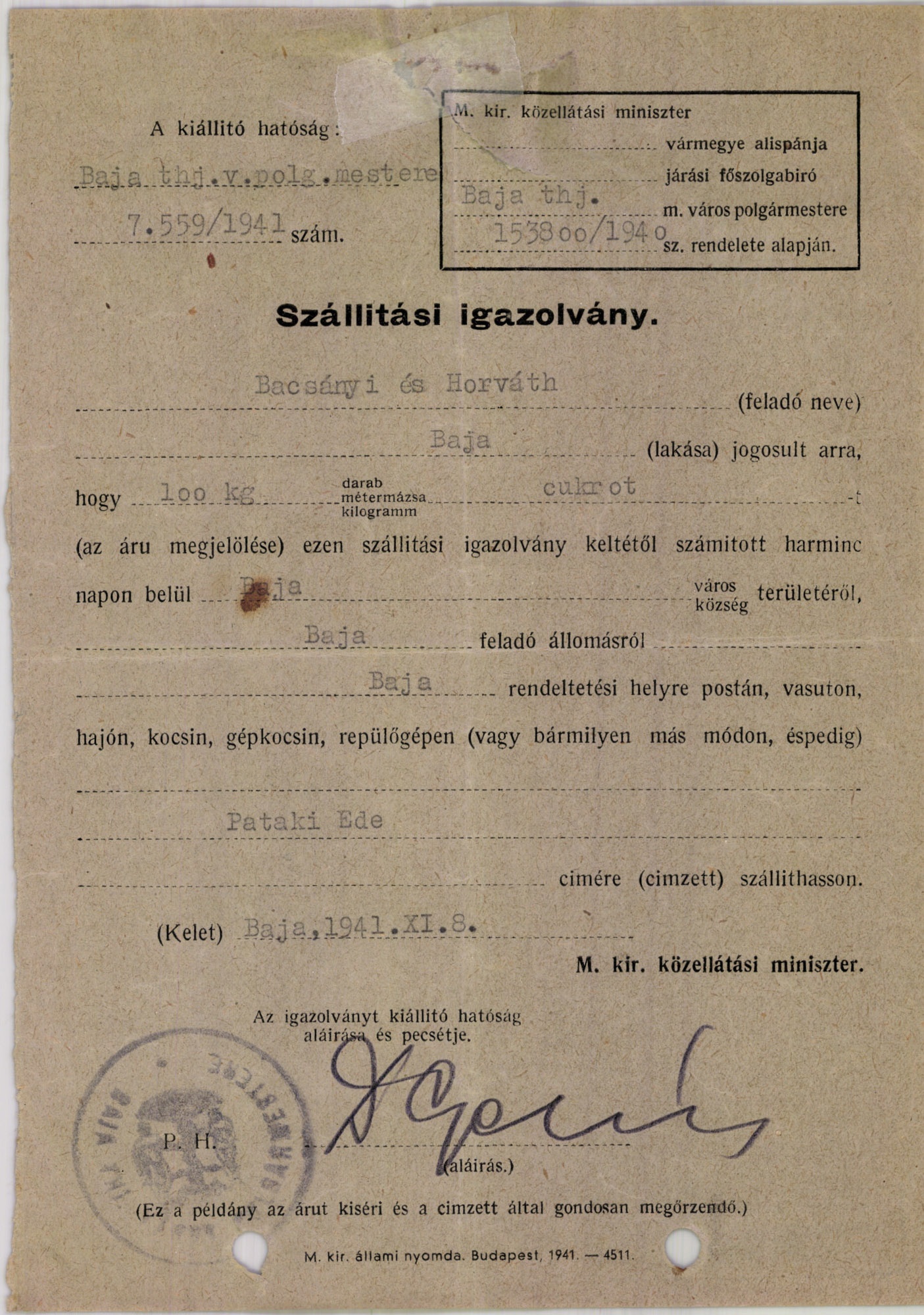 Bacsányi és Horváth, szállítási igazolvány (Magyar Kereskedelmi és Vendéglátóipari Múzeum CC BY-NC-SA)