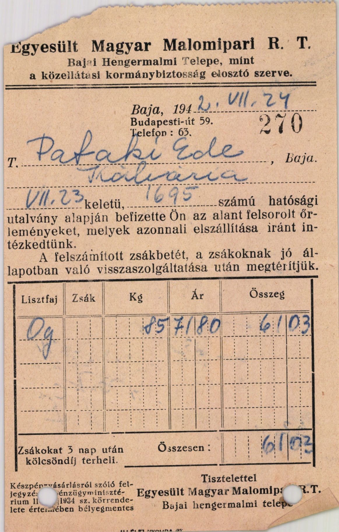 Egyesült Magyar Malomipari R. T. Bajai Hengermalmi Telepe (Magyar Kereskedelmi és Vendéglátóipari Múzeum CC BY-NC-SA)