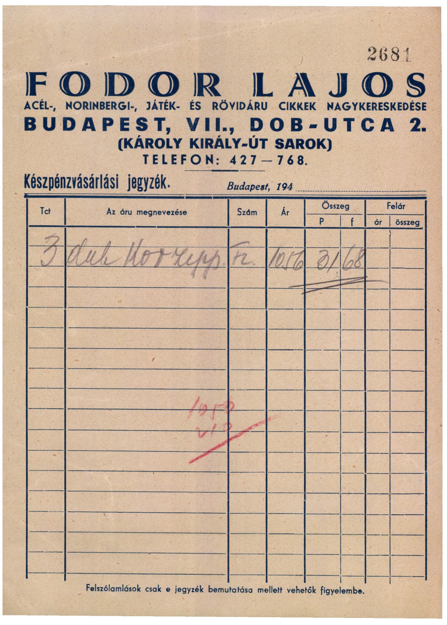 Fodor Lajos acél-, norinbergi-, játék- és rövidáru cikkek nagykereskedése (Magyar Kereskedelmi és Vendéglátóipari Múzeum CC BY-NC-SA)