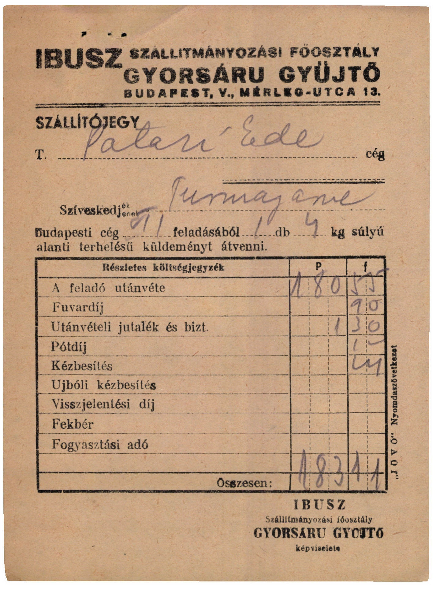 IBUSZ Szállítmányozási Főosztály, Gyorsáru Gyűjtő képviselete (Magyar Kereskedelmi és Vendéglátóipari Múzeum CC BY-NC-SA)