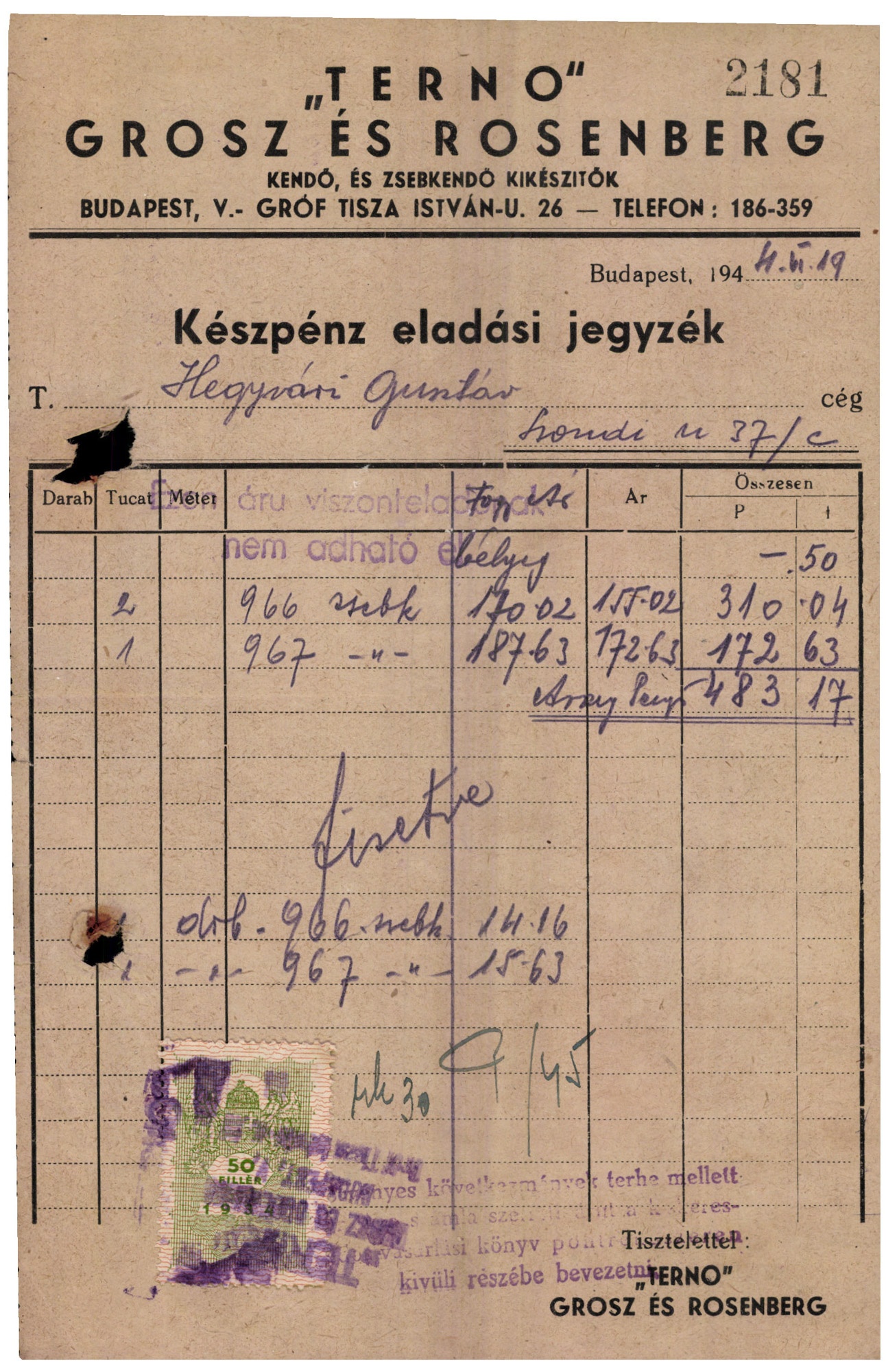 "TERNO" Grosz és Rosenberg kendő, és zsebkendő kikészitők (Magyar Kereskedelmi és Vendéglátóipari Múzeum CC BY-NC-SA)