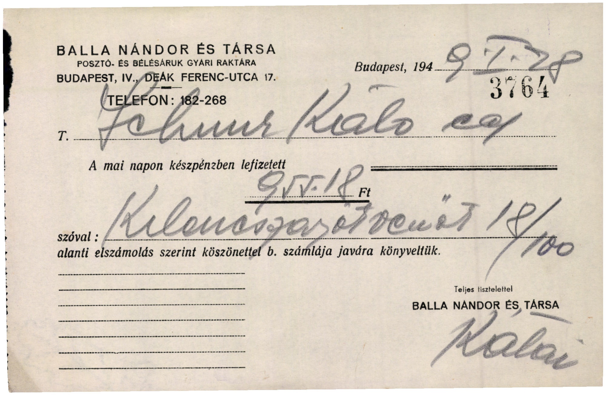 Balla Nándor és Társa posztó- és bélésáruk gyári raktára (Magyar Kereskedelmi és Vendéglátóipari Múzeum CC BY-NC-SA)