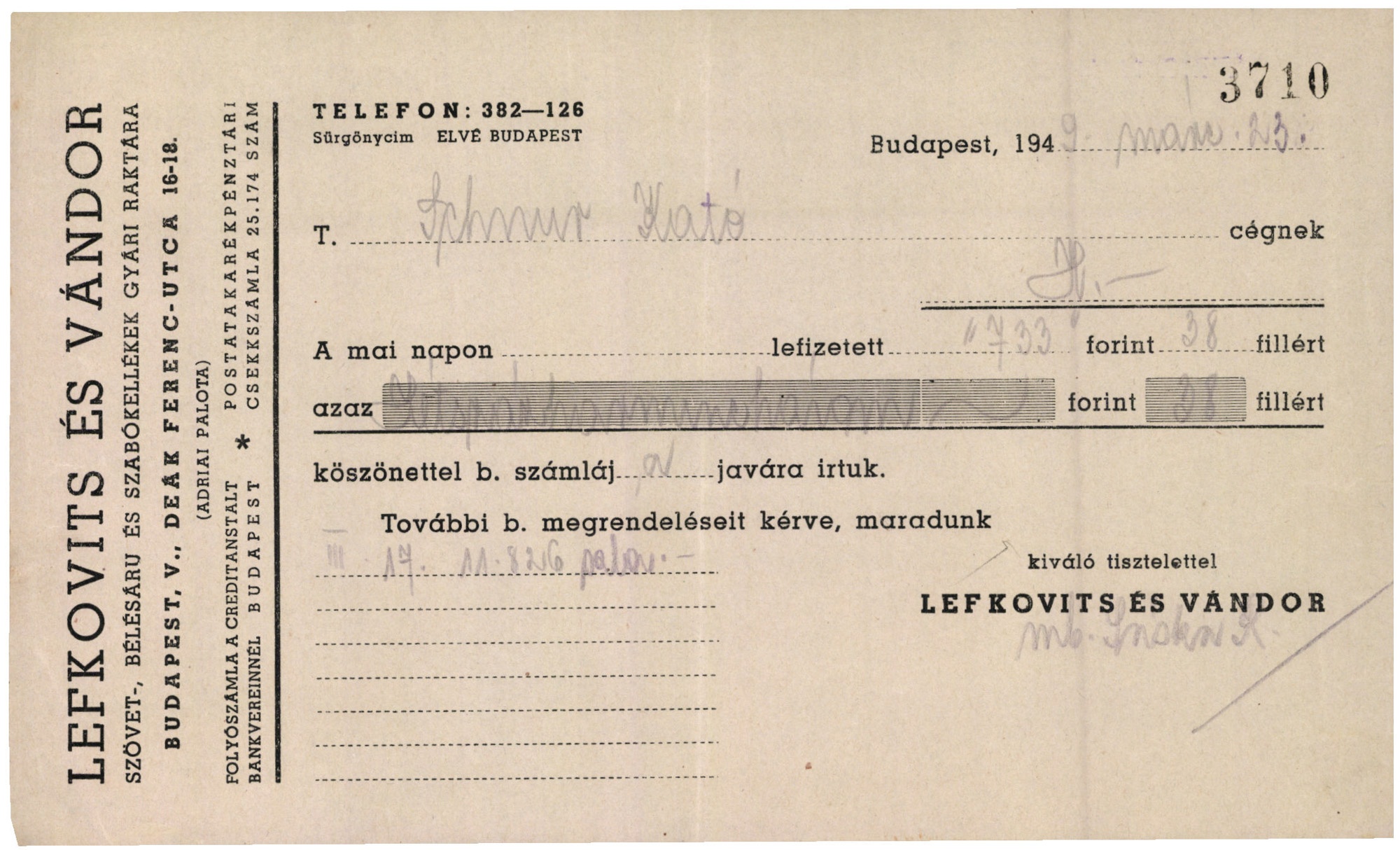 Lefkovits és Vándor szövet-, bélésáru és szabókellékek gyári raktára (Magyar Kereskedelmi és Vendéglátóipari Múzeum CC BY-NC-SA)