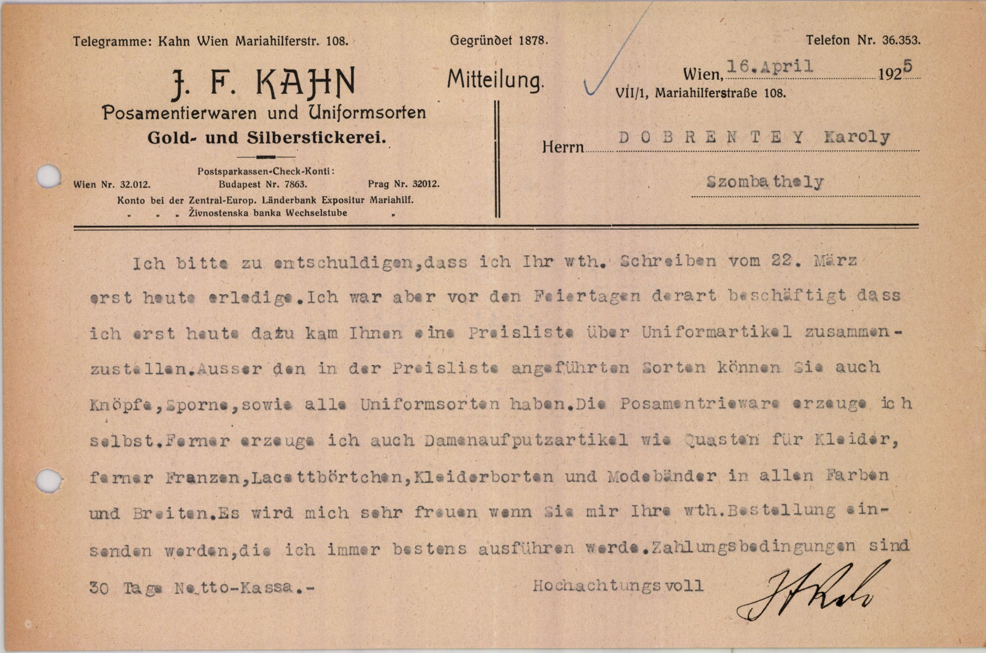 J. F. Kahn Posamentierwaren und Uniformsorten Gold- und Silberstickerei (Magyar Kereskedelmi és Vendéglátóipari Múzeum CC BY-NC-SA)
