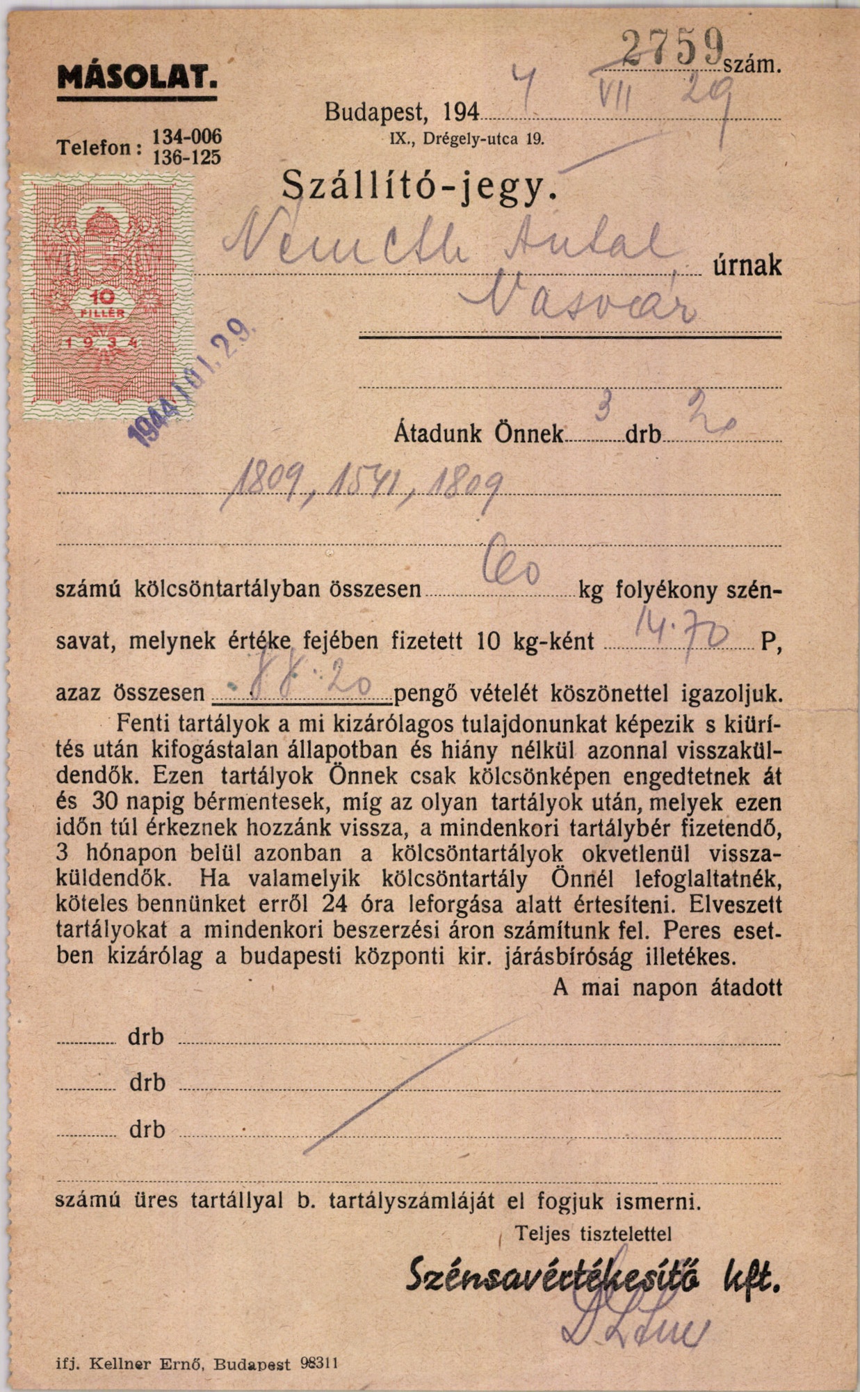 Szénsavértékesítő Kft. szállító-jegy (Magyar Kereskedelmi és Vendéglátóipari Múzeum CC BY-NC-SA)
