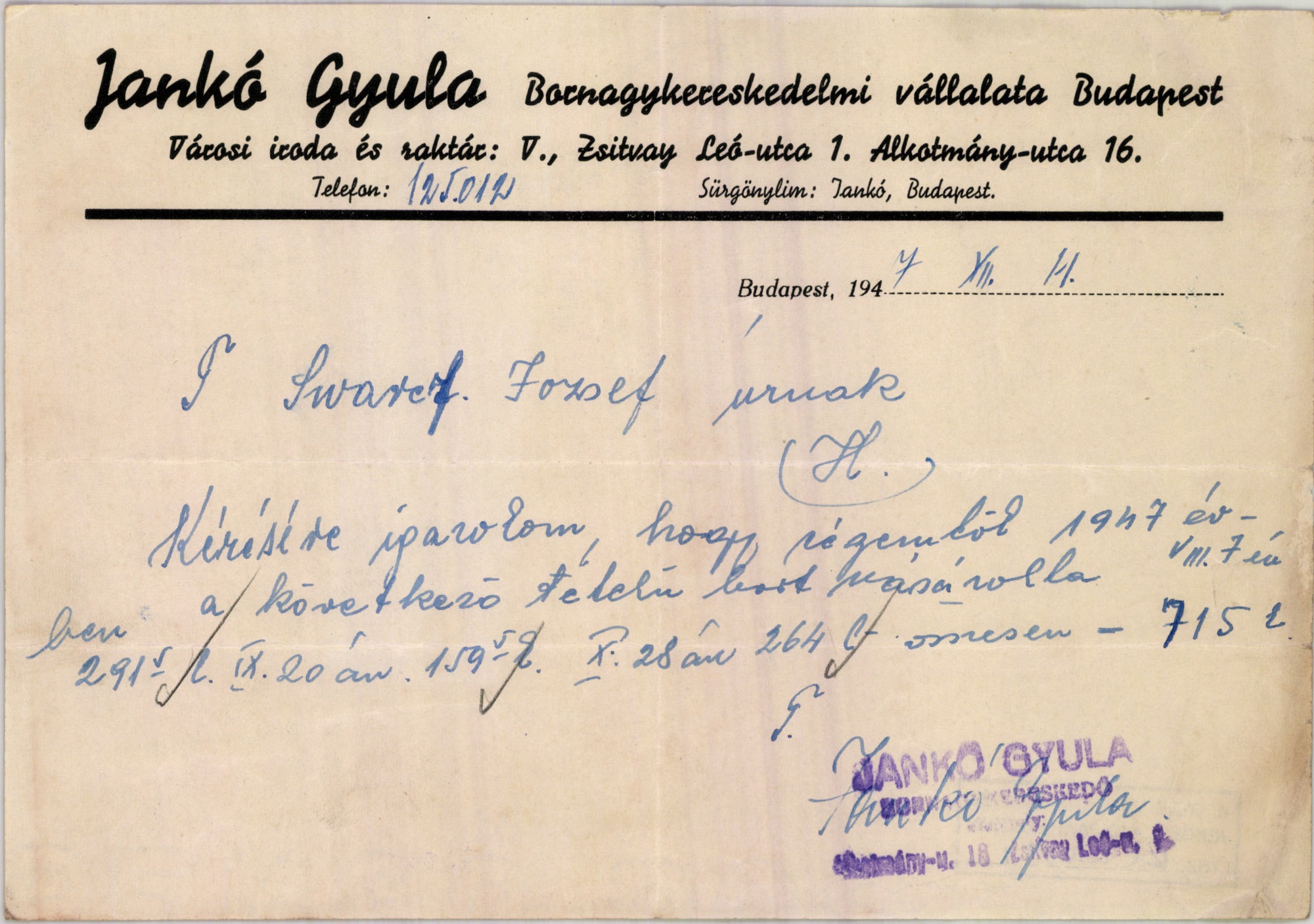 Jankó Gyula bornagykereskedelmi vállalata (Magyar Kereskedelmi és Vendéglátóipari Múzeum CC BY-NC-SA)