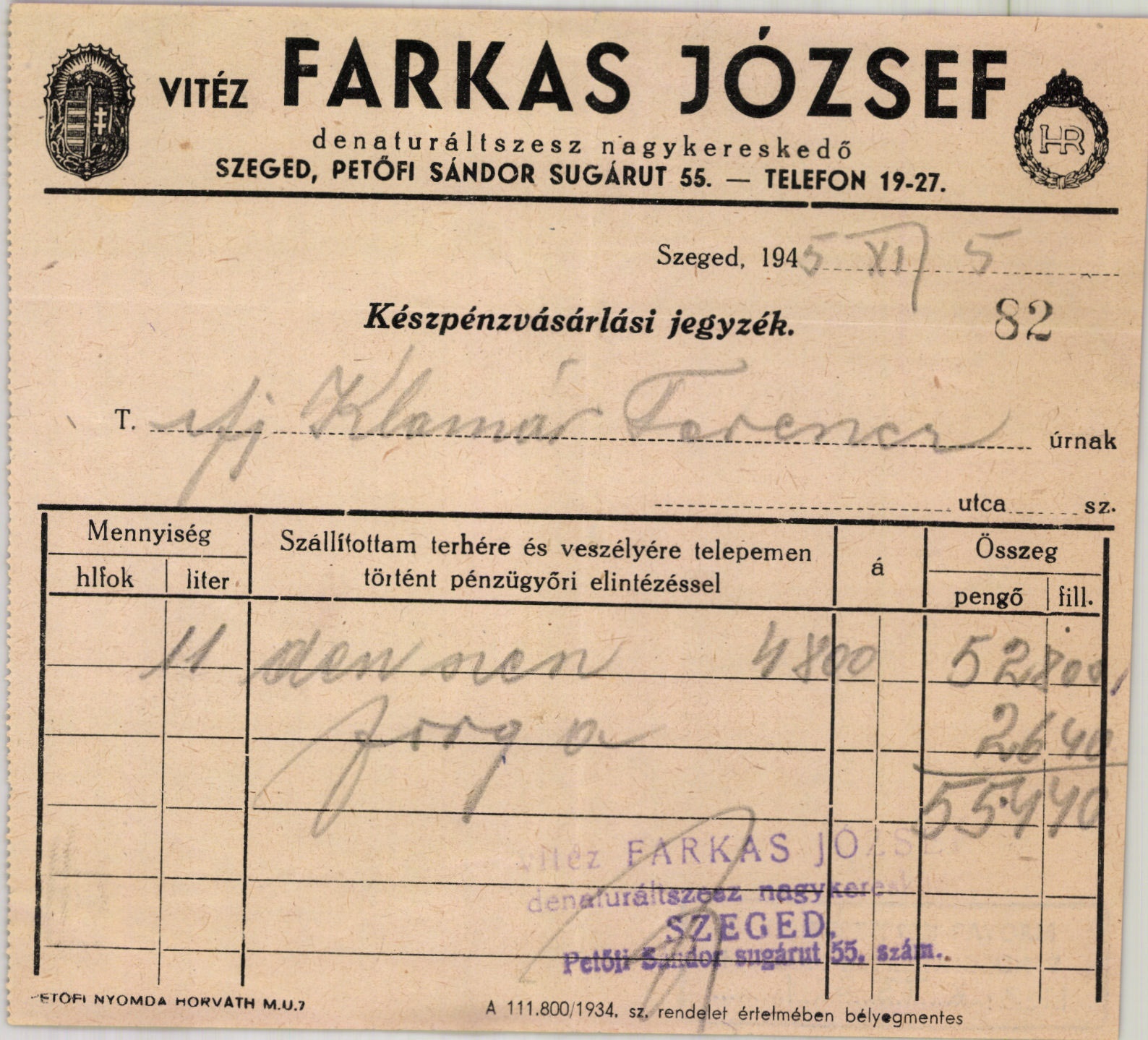 vitéz Farkas József denaturáltszesz nagykereskedő (Magyar Kereskedelmi és Vendéglátóipari Múzeum CC BY-NC-SA)