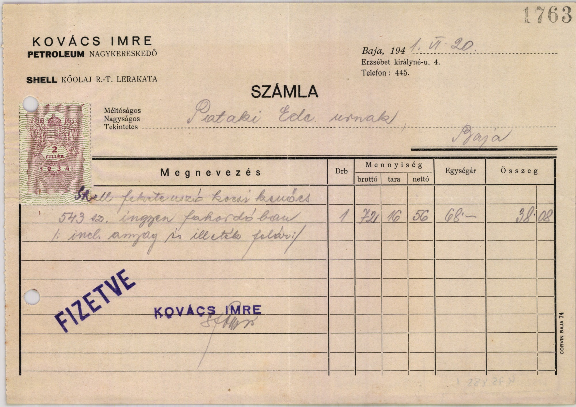 Kovács Imre, Baja A Shell Kőolaj R. T. (Budapest) világító-petróleum bizományosa (Magyar Kereskedelmi és Vendéglátóipari Múzeum CC BY-NC-SA)