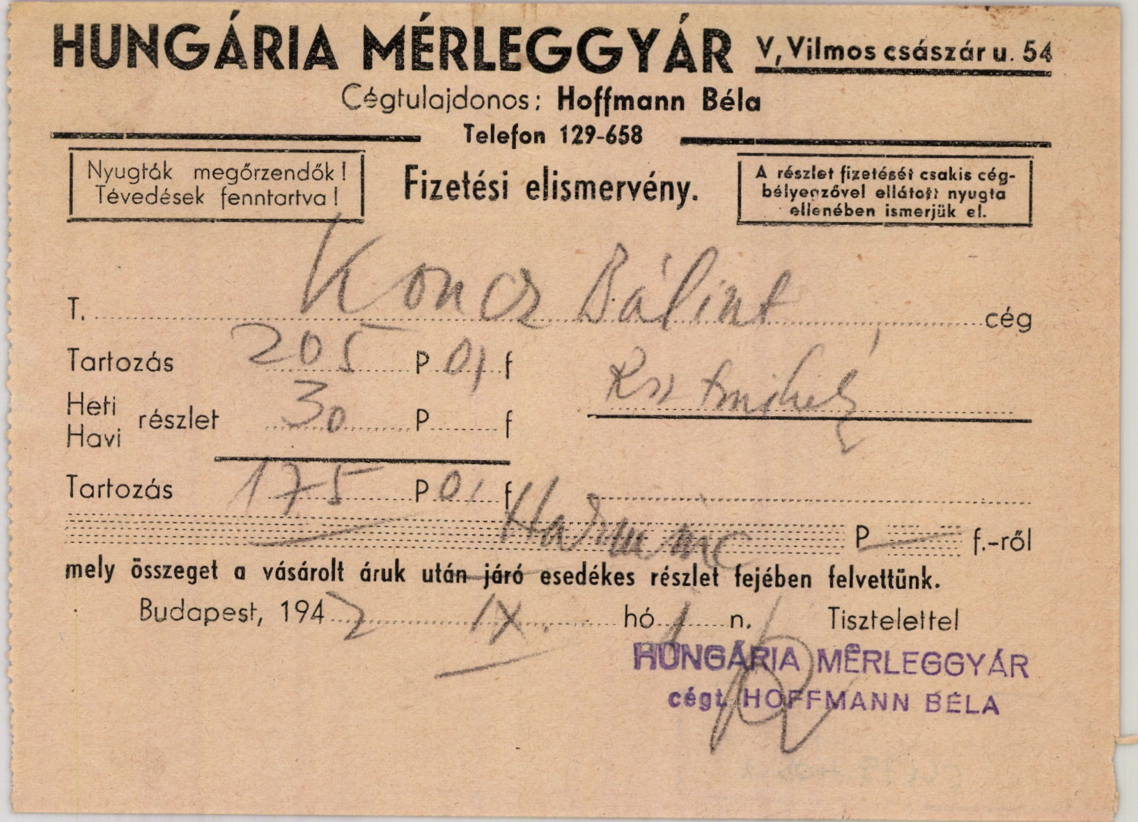 Hungária Mérleggyár Cégtulajdonos: Hoffmann Béla (Magyar Kereskedelmi és Vendéglátóipari Múzeum CC BY-NC-SA)