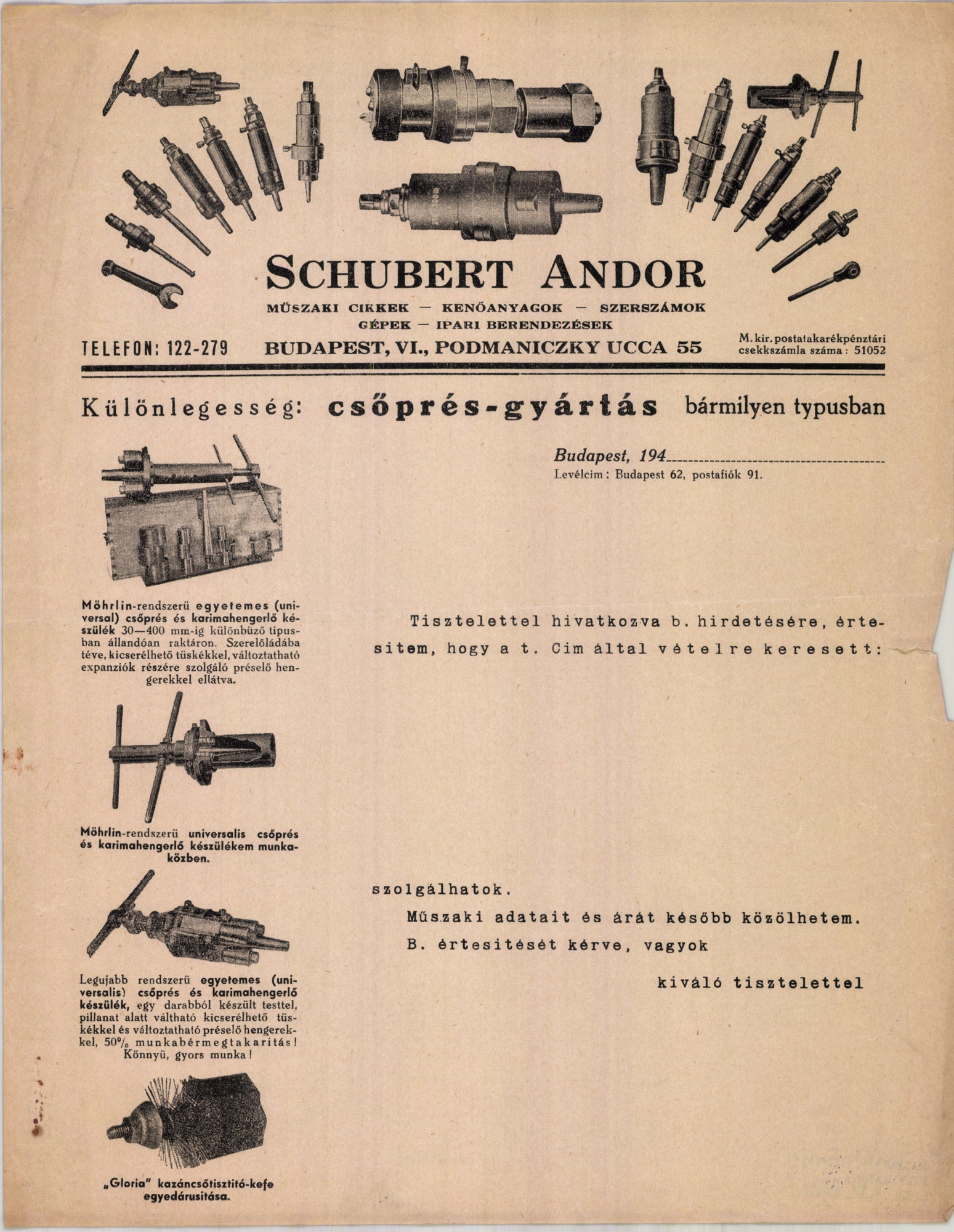 Schubert Andor műszaki cikkek - kenőanyagok - szerszámok - gépek - ipari berendezések (Magyar Kereskedelmi és Vendéglátóipari Múzeum CC BY-NC-SA)