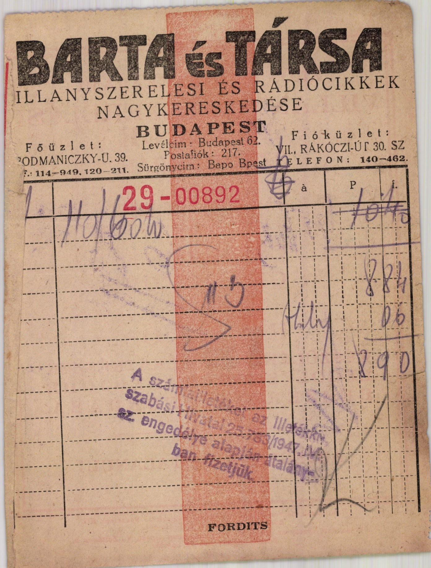 Barta és Társa villanyszerelési és rádiócikkek nagykereskedése (Magyar Kereskedelmi és Vendéglátóipari Múzeum CC BY-NC-SA)