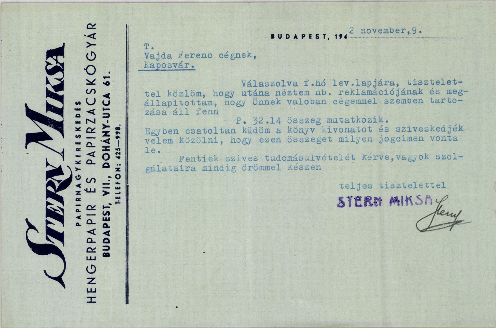 Stern Miksa papírnagykereskedés. Hengerpapír és papírzacskógyár (Magyar Kereskedelmi és Vendéglátóipari Múzeum CC BY-NC-SA)
