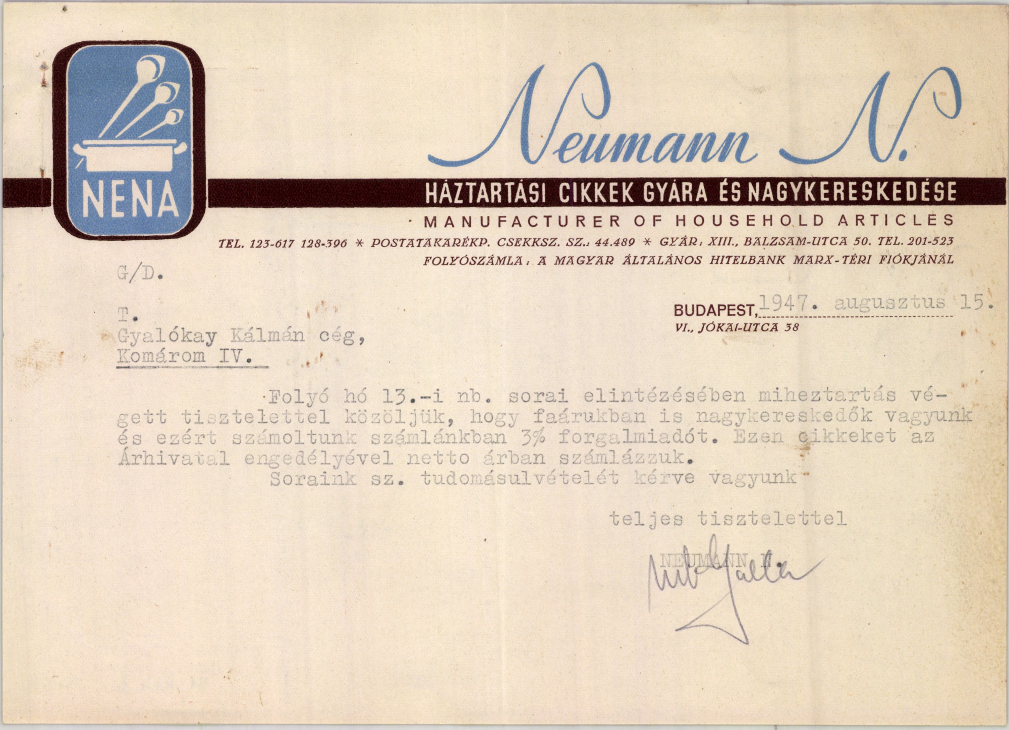 Neumann N. háztartási cikkek gyára és nagykereskedése (Magyar Kereskedelmi és Vendéglátóipari Múzeum CC BY-NC-SA)