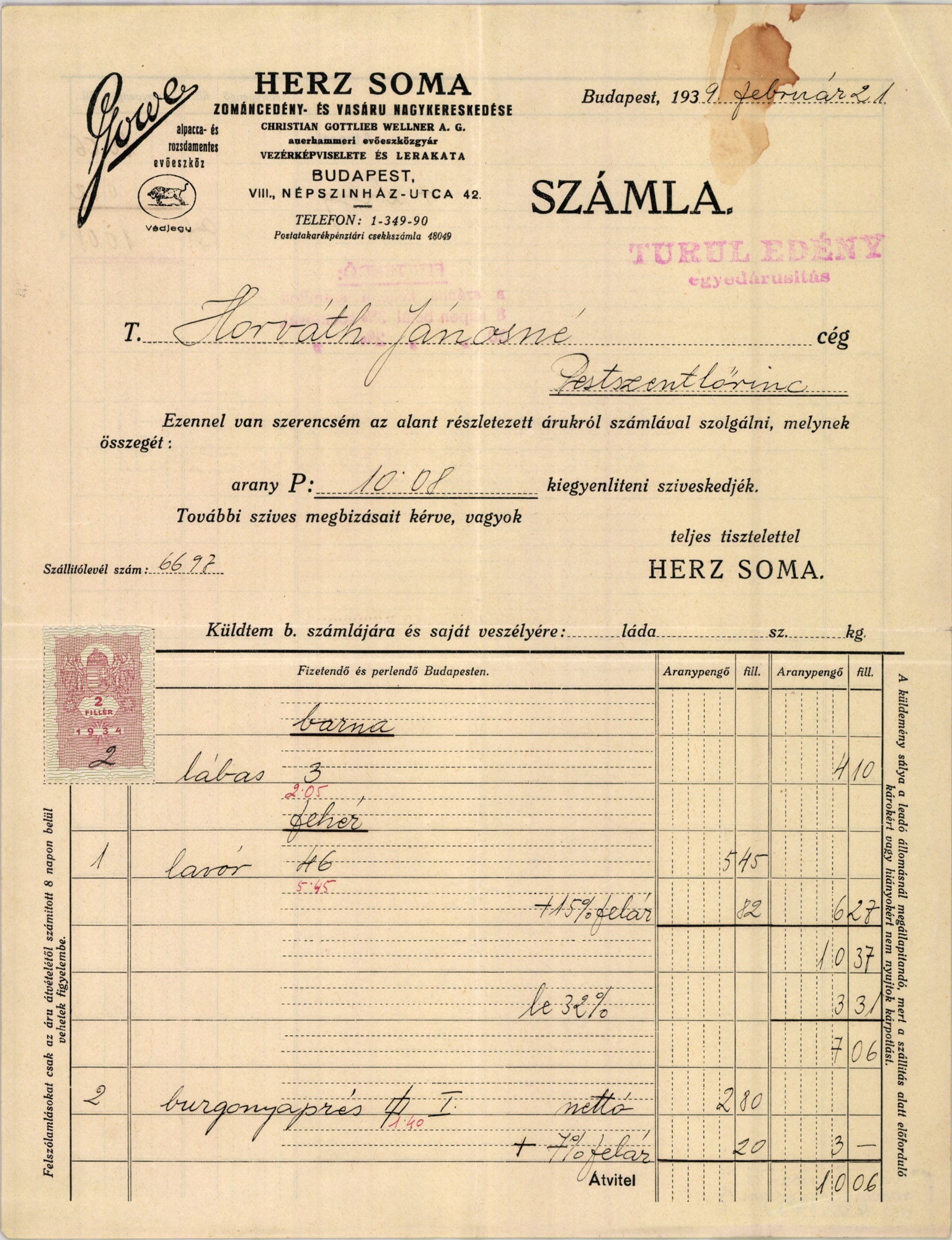 Herz Som zománcedény- és vasáru nagykereskedése (Magyar Kereskedelmi és Vendéglátóipari Múzeum CC BY-NC-SA)