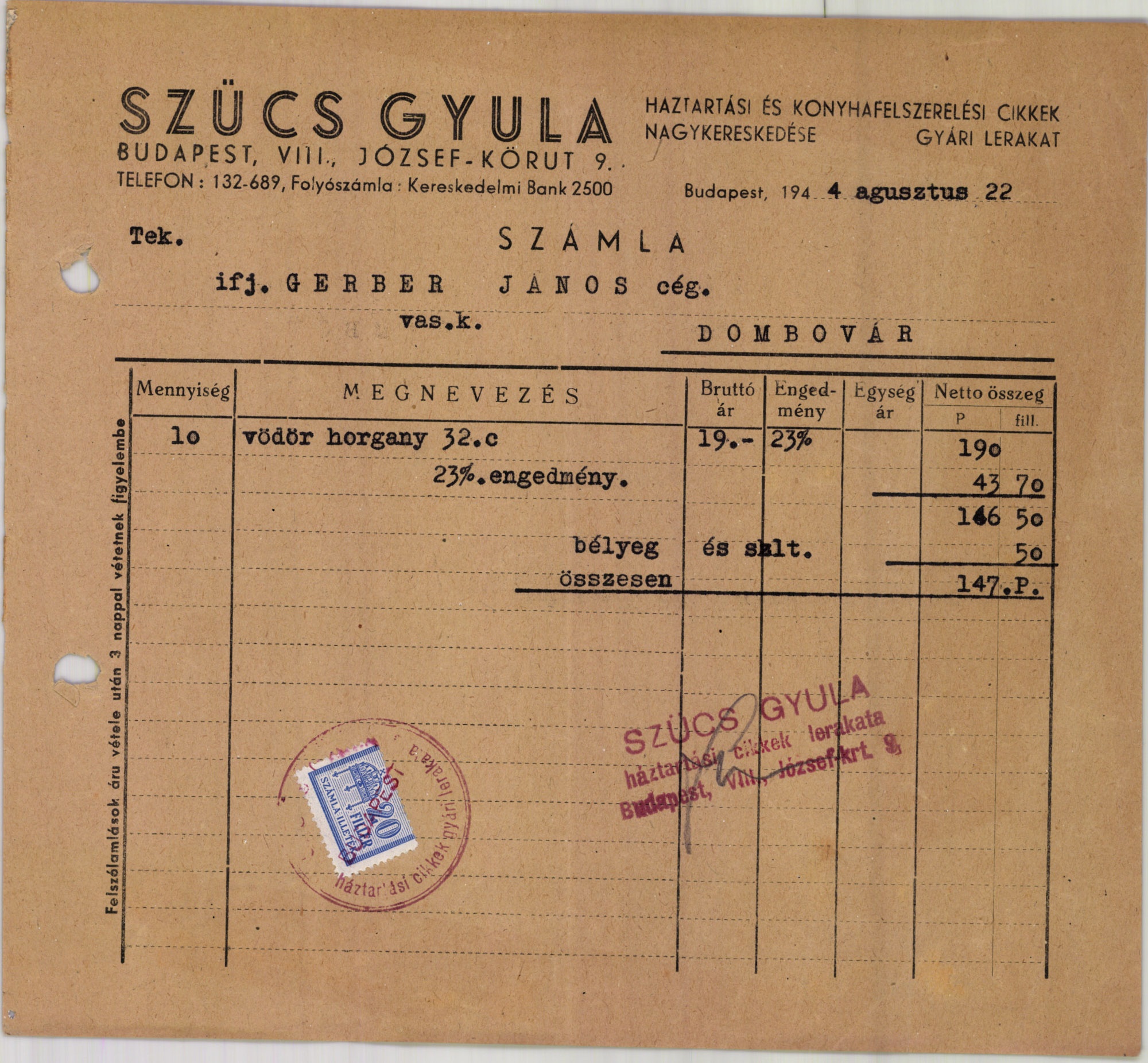 Szücs Gyula háztartási és konyhafelszerelési cikkek nagykereskedése (Magyar Kereskedelmi és Vendéglátóipari Múzeum CC BY-NC-SA)
