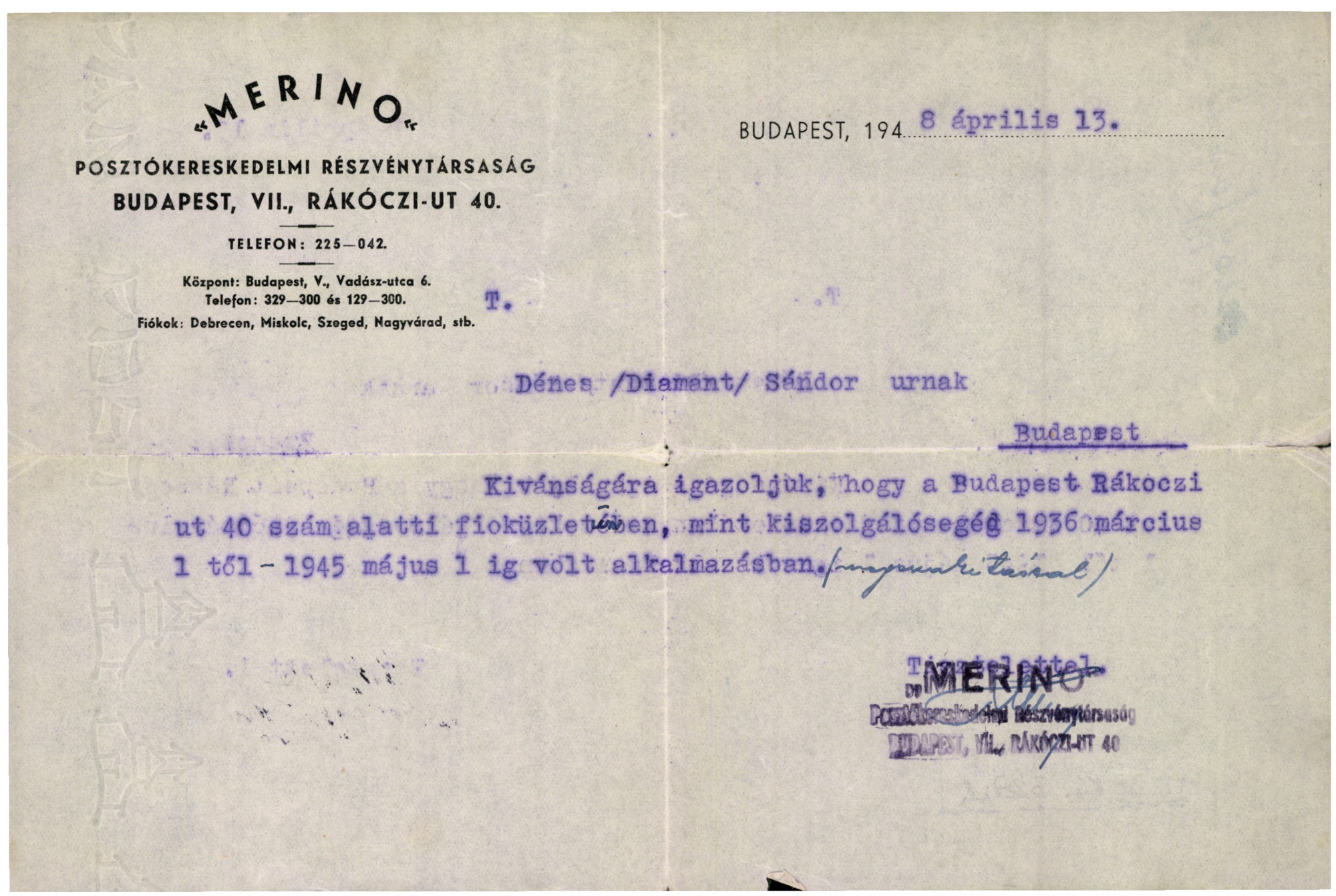 "MERINO" Posztókereskedelmi Részvénytársaság (Magyar Kereskedelmi és Vendéglátóipari Múzeum CC BY-NC-SA)