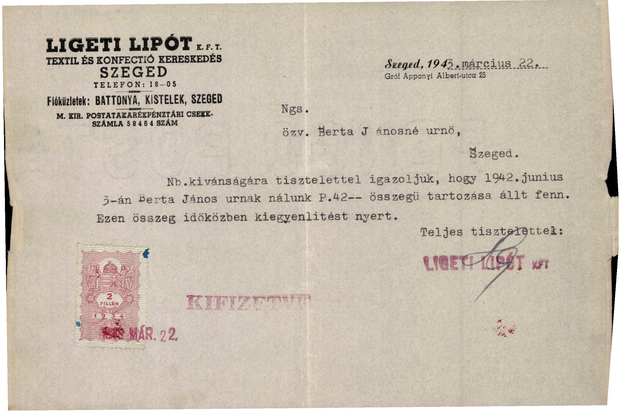 Ligeti Lipót K. F. T. textil és konfectió kereskedés Szeged (Magyar Kereskedelmi és Vendéglátóipari Múzeum CC BY-NC-SA)